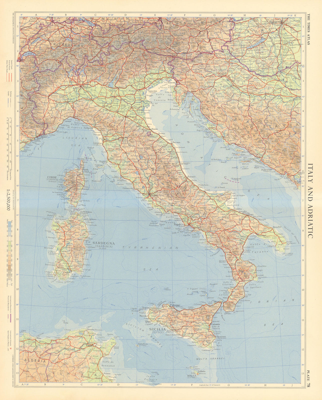 Italy and the Adriatic. Road network. Autostrade. TIMES 1956 old vintage map