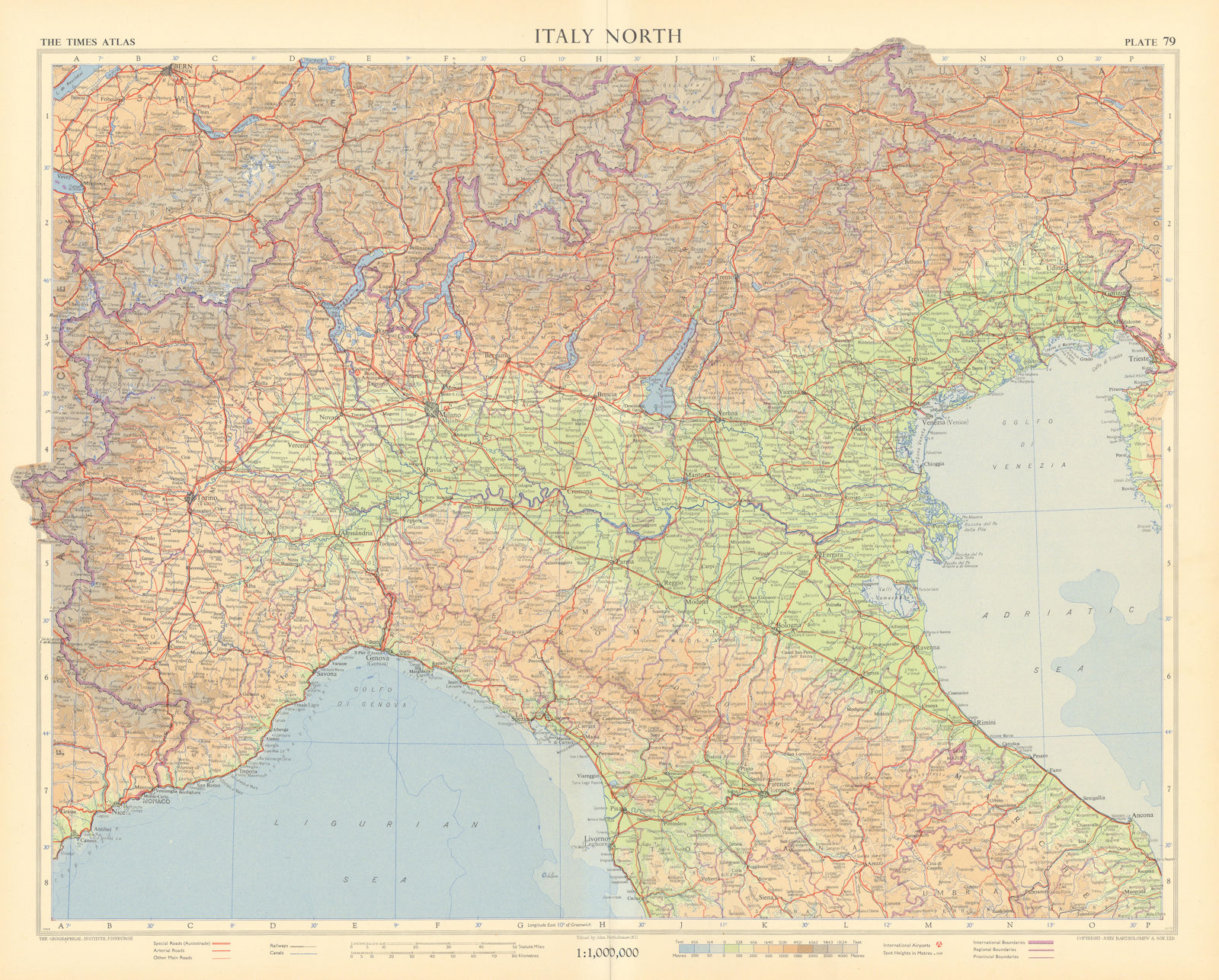 Italy north. Road network Autostrade. TIMES 1956 old vintage map plan chart