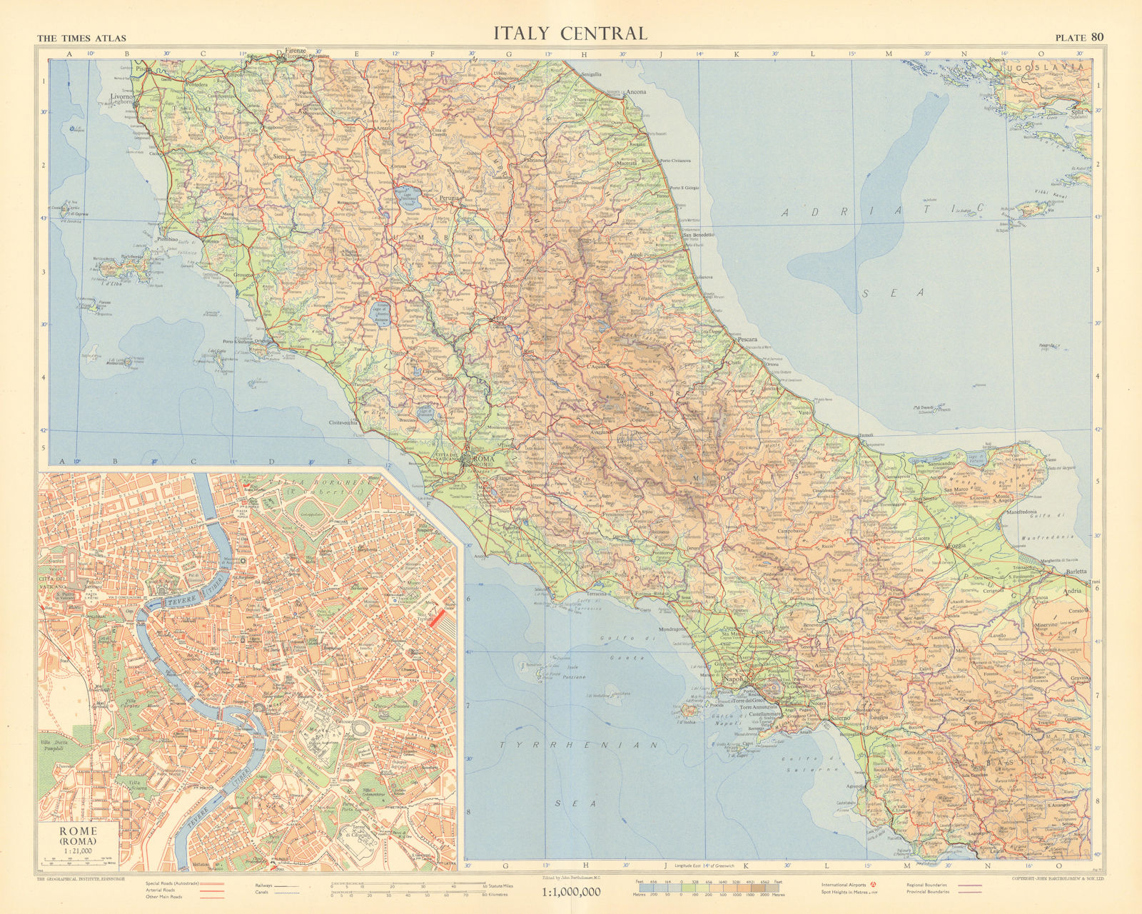 Associate Product Italy central. Rome plan. Road network Autostrade. TIMES 1956 old vintage map