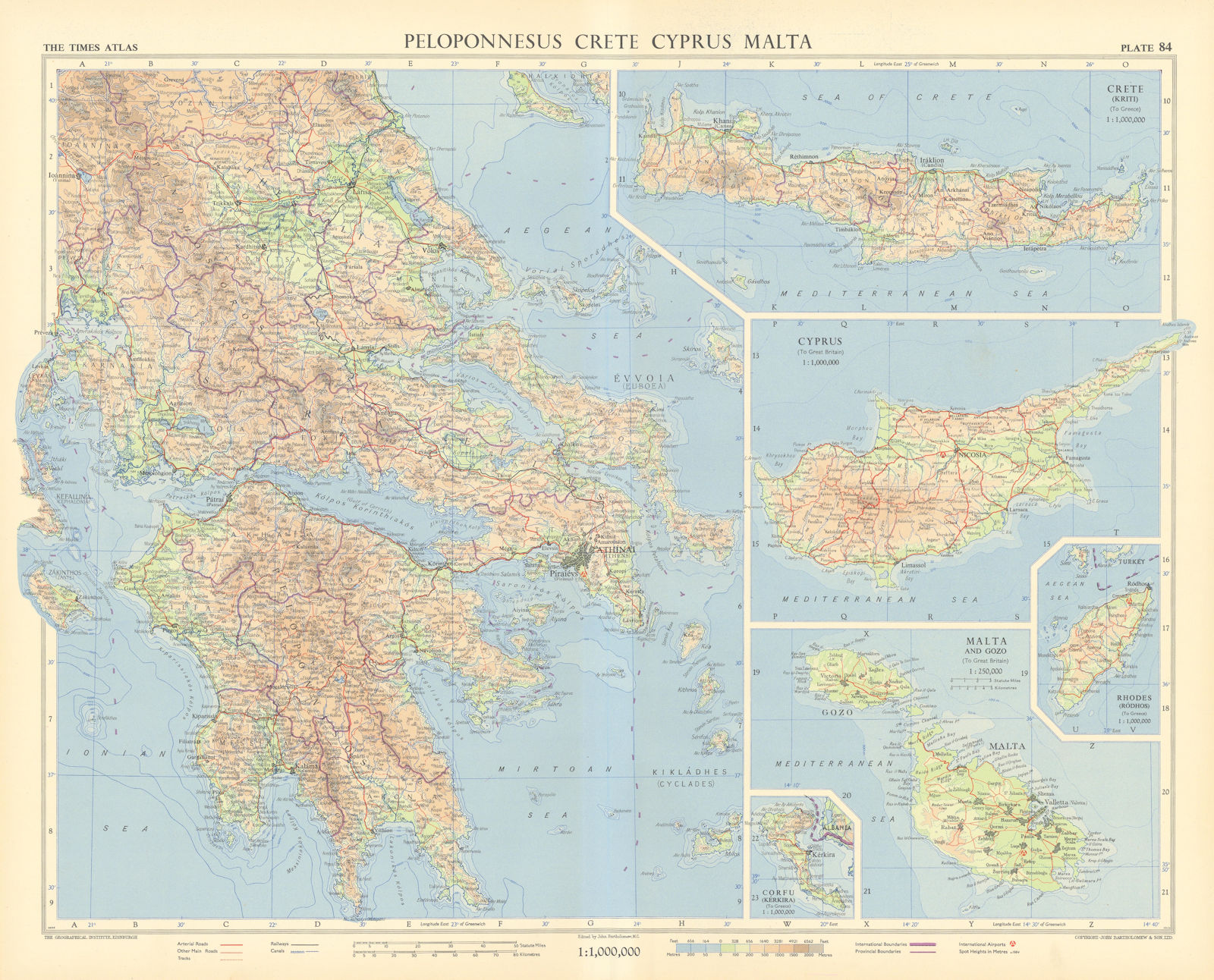 Peloponnese Crete Cyprus Malta Gozo Rhodes Corfu. Greece. TIMES 1956 old map