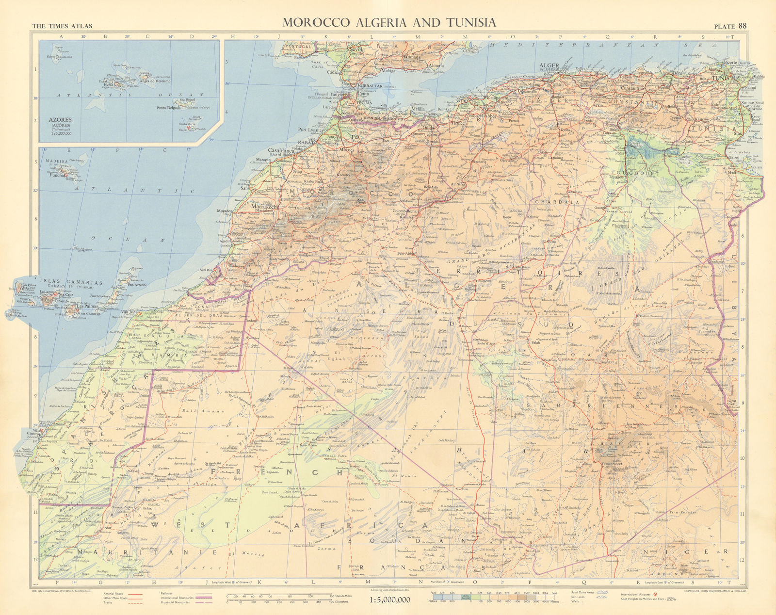 Morocco Algeria. French & Spanish West Africa. Sahara sand dunes. TIMES 1956 map
