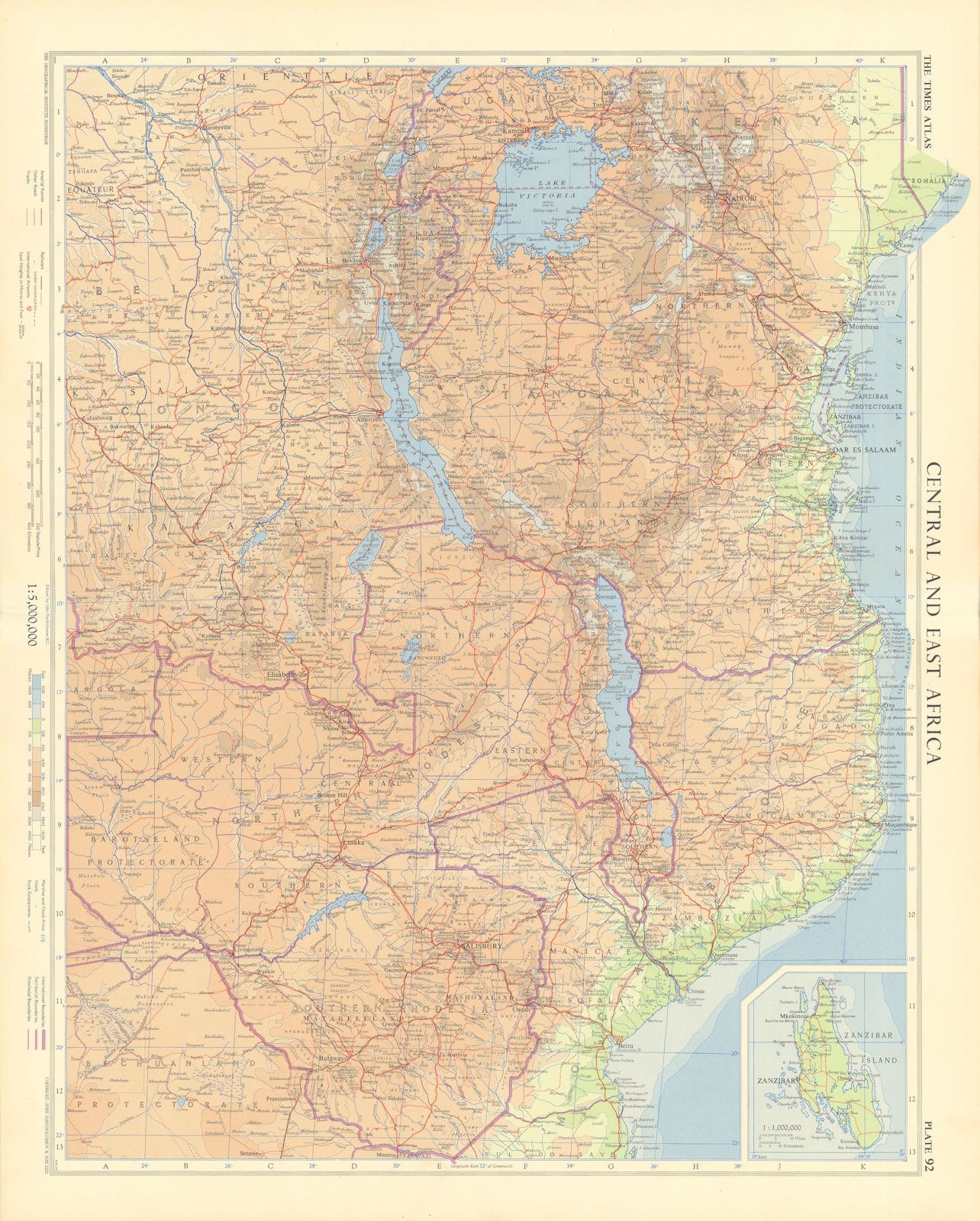 Central & East Africa. Zanzibar Tanganyika Rhodesia Congo. TIMES 1956 old map