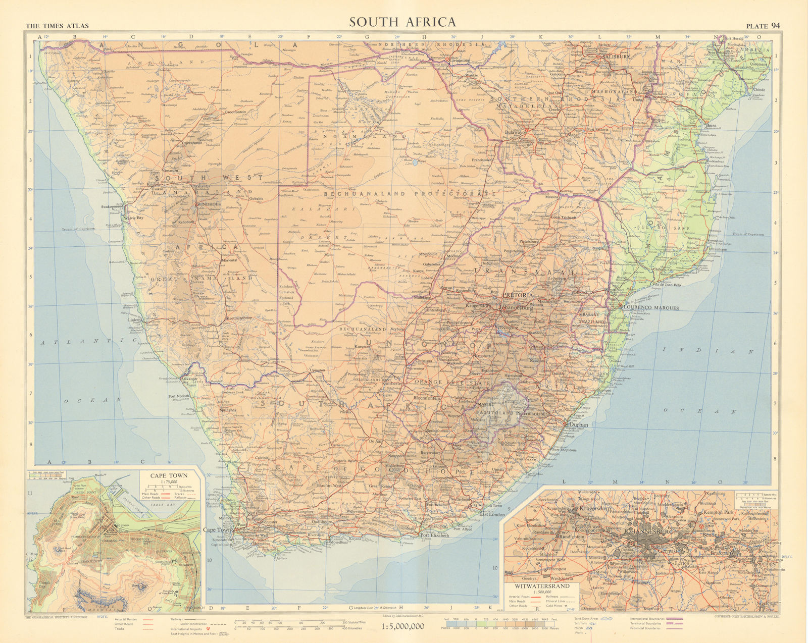 Southern Africa. Cape Town environs. Witwatersrand Johannesburg. TIMES 1956 map