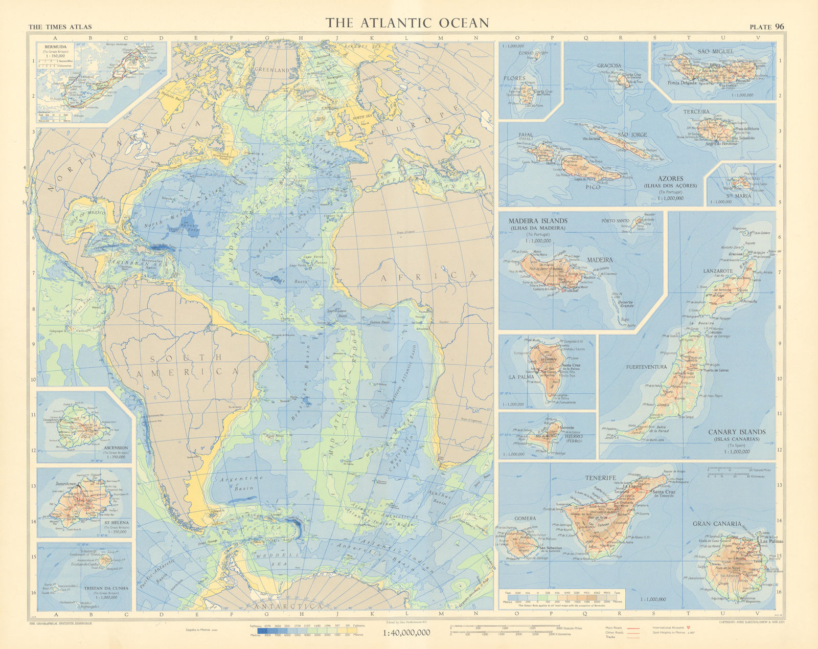 Atlantic Ocean islands. Canary Azores Madeira Bermuda Ascension. TIMES 1956 map
