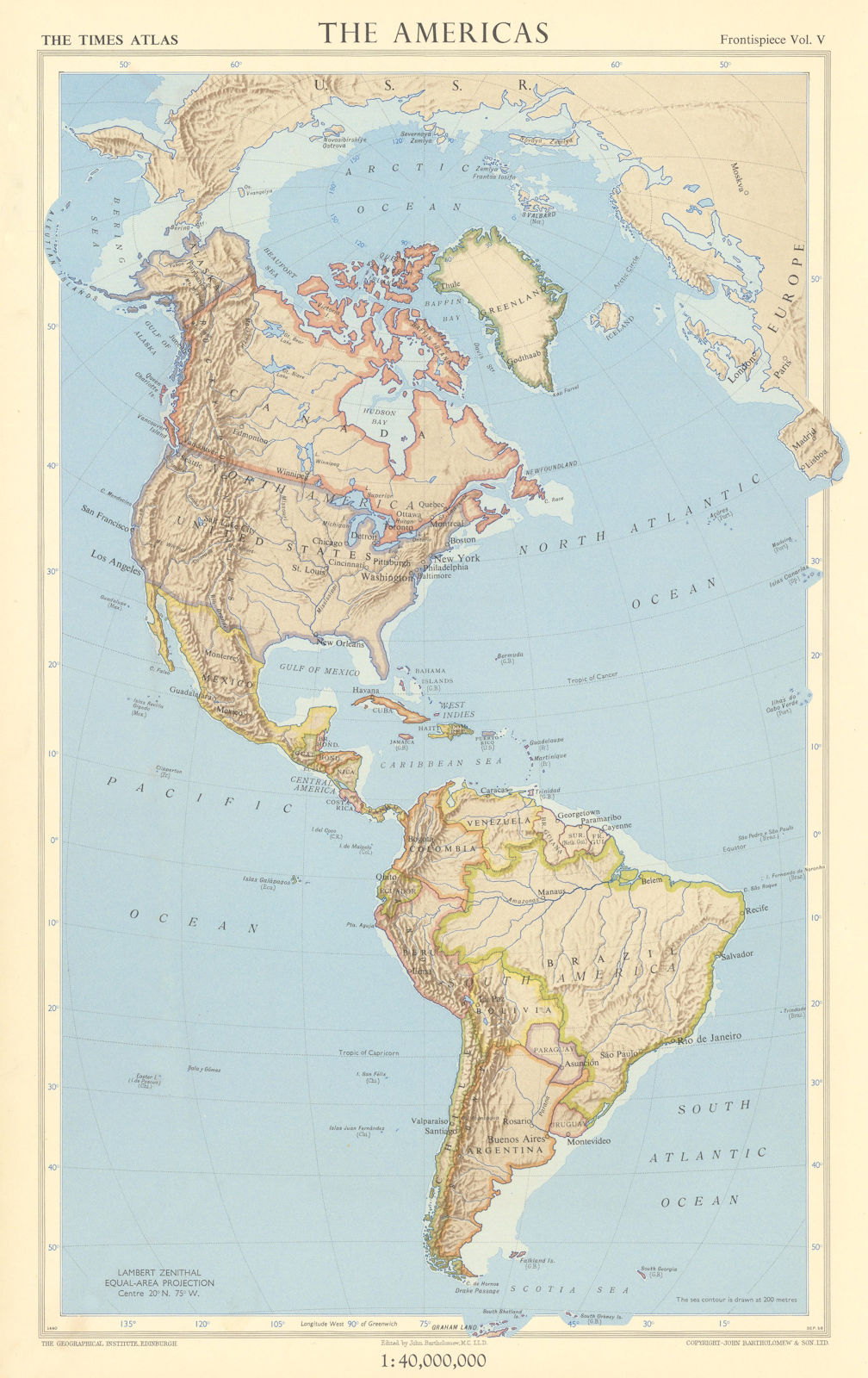 The Americas. Lambert Zenithal equal-area projection. TIMES 1957 old map