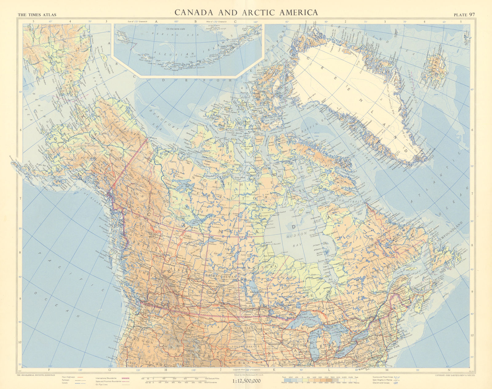 Canada and Arctic America. Greenland Alaska. TIMES 1957 old vintage map chart
