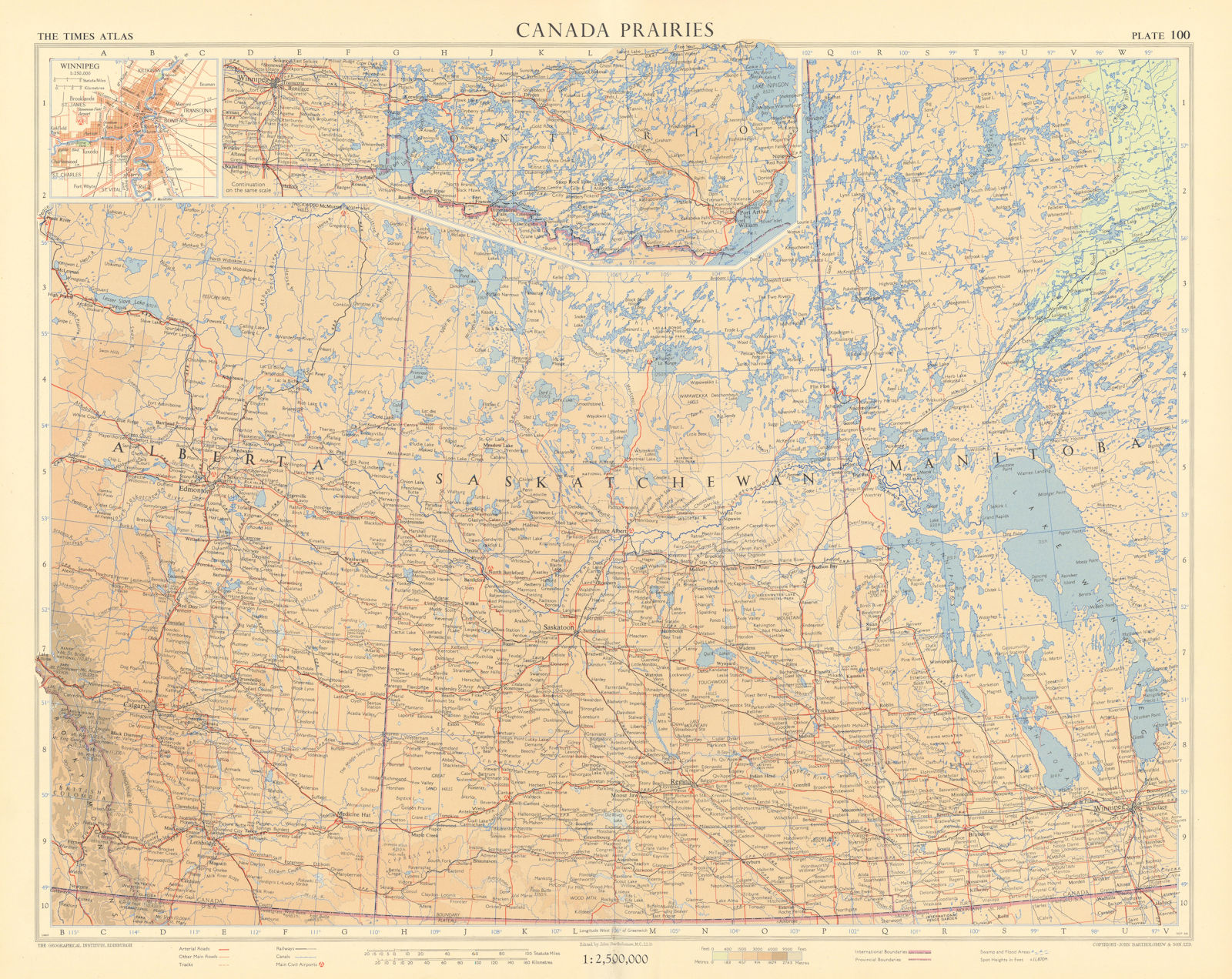 Associate Product Canada Prairies. Winnipeg. Alberta Saskatchewan Manitoba. TIMES 1957 old map