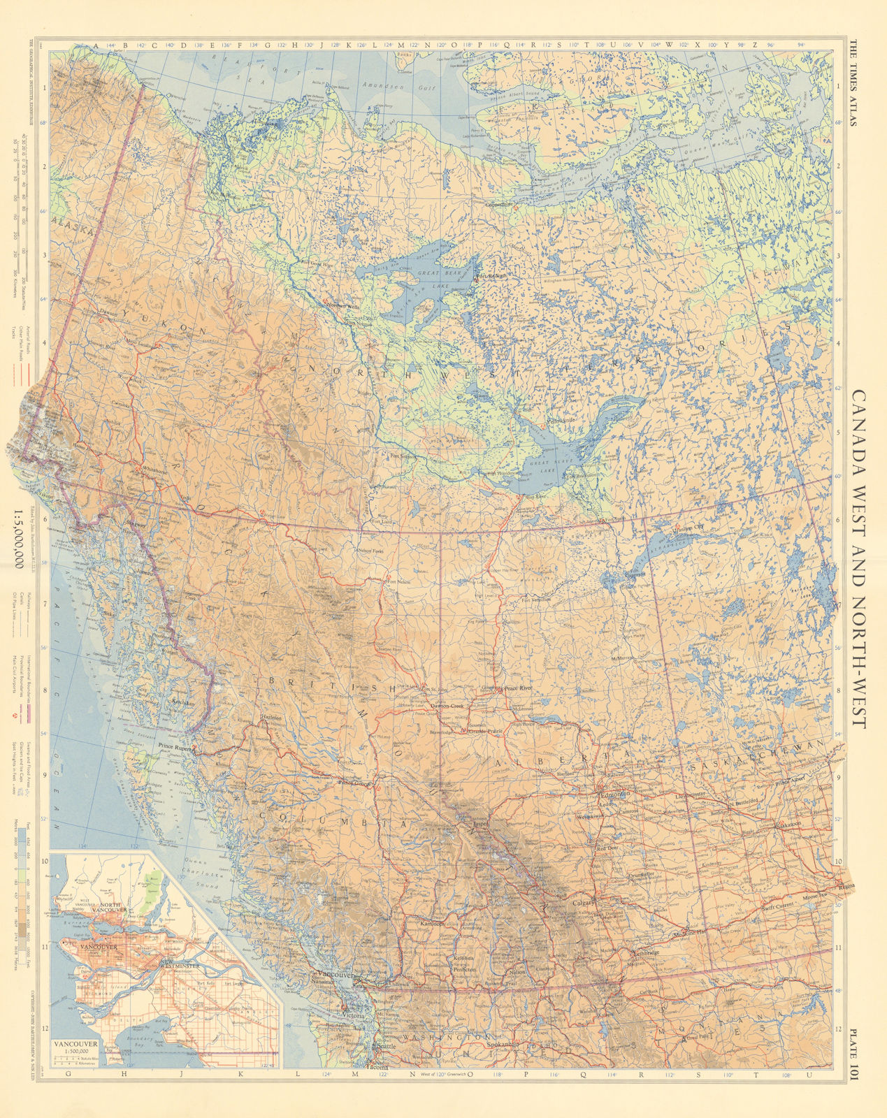 Canada west. Vancouver British Columbia Alberta Yukon. TIMES 1957 old map