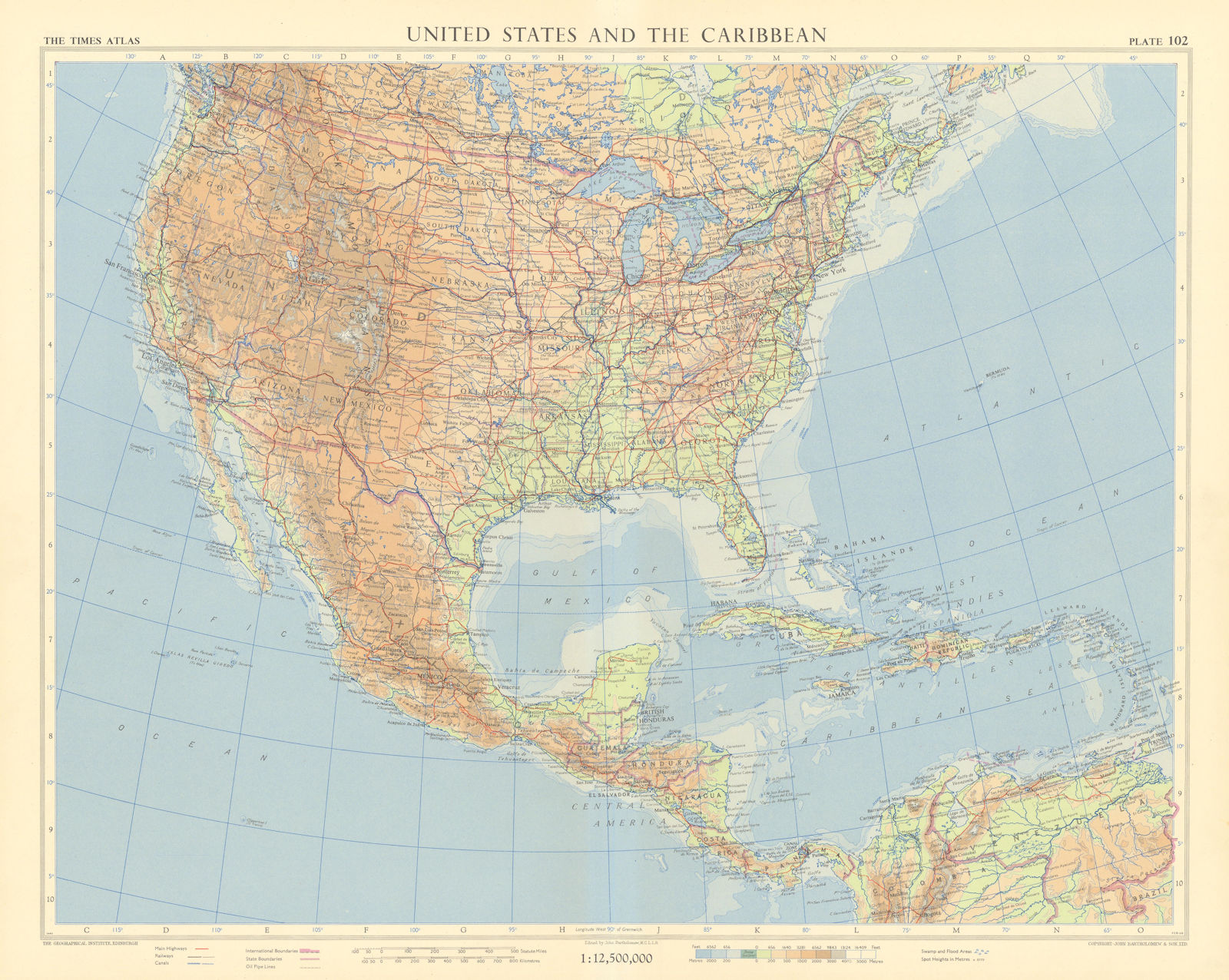 United States and the Caribbean. North America Mexico. TIMES 1957 old map
