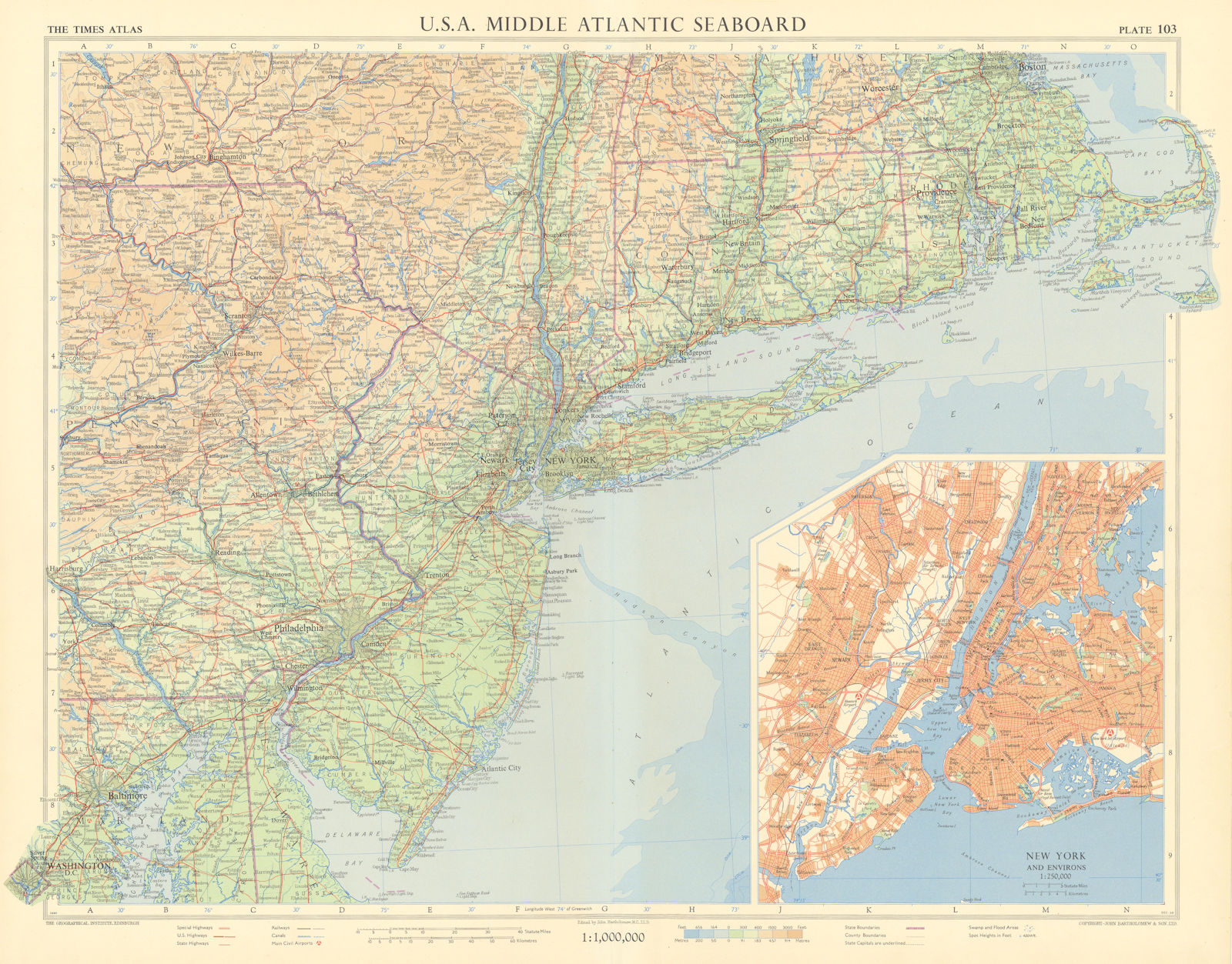 USA Middle Atlantic seaboard. New York City. New England. TIMES 1957 old map