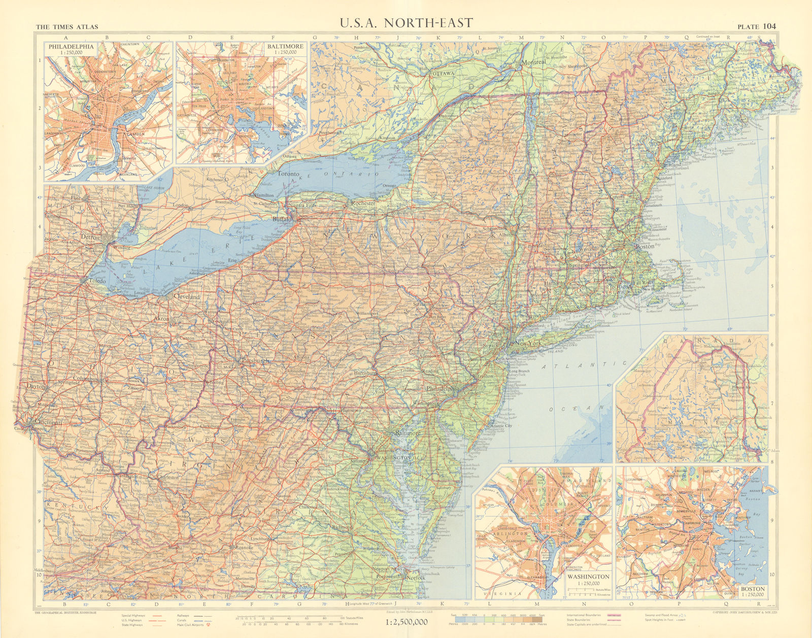 USA Northeast. Philadelphia Baltimore Washington DC Boston. TIMES 1957 old map