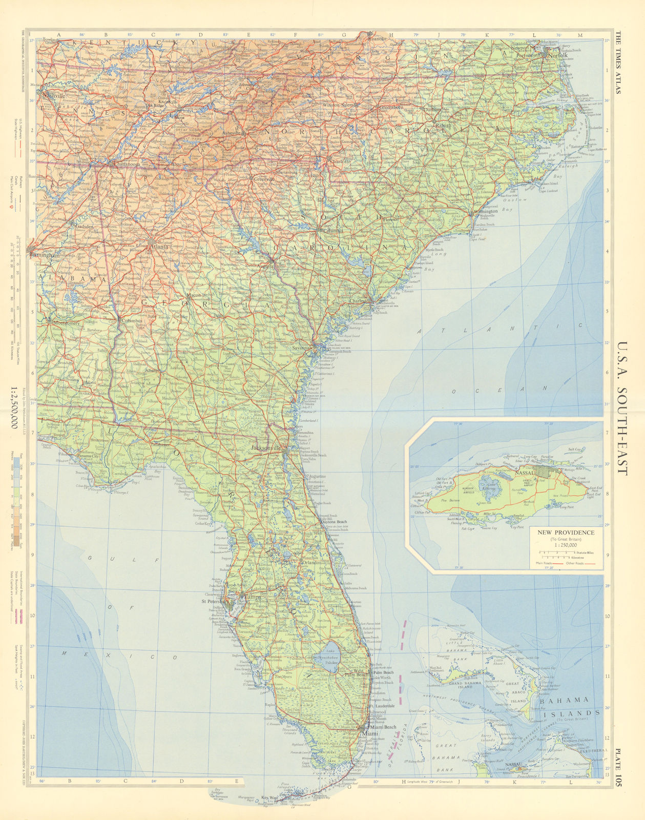 Southeastern USA. Inset New Providence, Bahamas. TIMES 1957 old vintage map