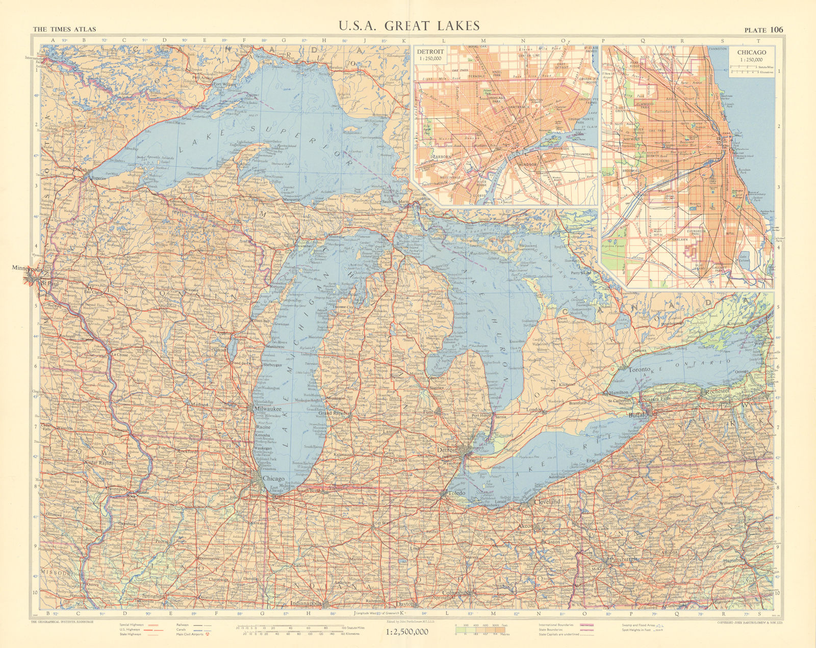 Associate Product USA Great Lakes. Detroit & Chicago plans. Midwestern USA. TIMES 1957 old map