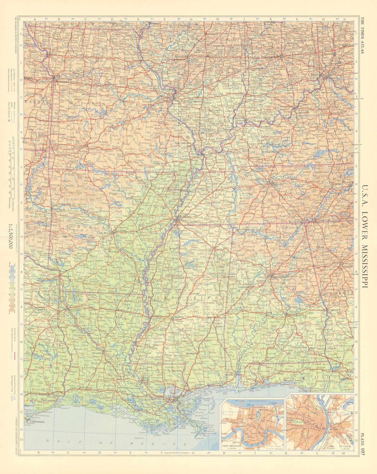 USA Lower Mississipi. New Orleans & St Louis plans. Deep South. TIMES 1957 map