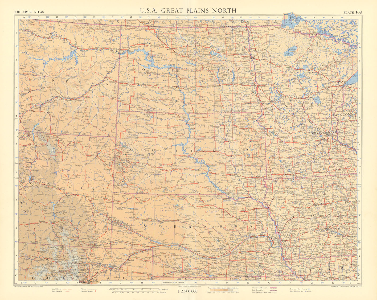USA Great Plains north. Dakotas Nebraska Montana Wyoming. TIMES 1957 old map