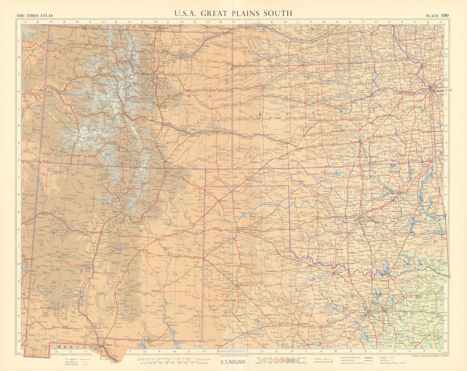 USA Southern Plains & mountain states. Colorado Kansas New Mexico TIMES 1957 map
