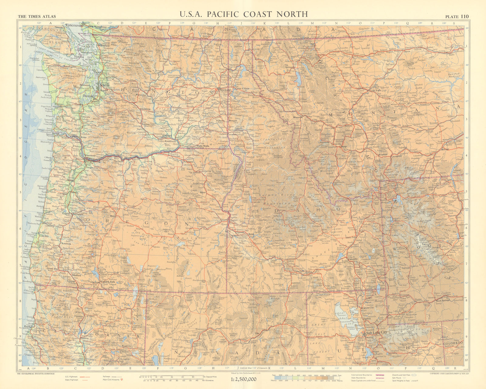 USA Pacific Northwest. Washington Oregon Idaho Montana. TIMES 1957 old map