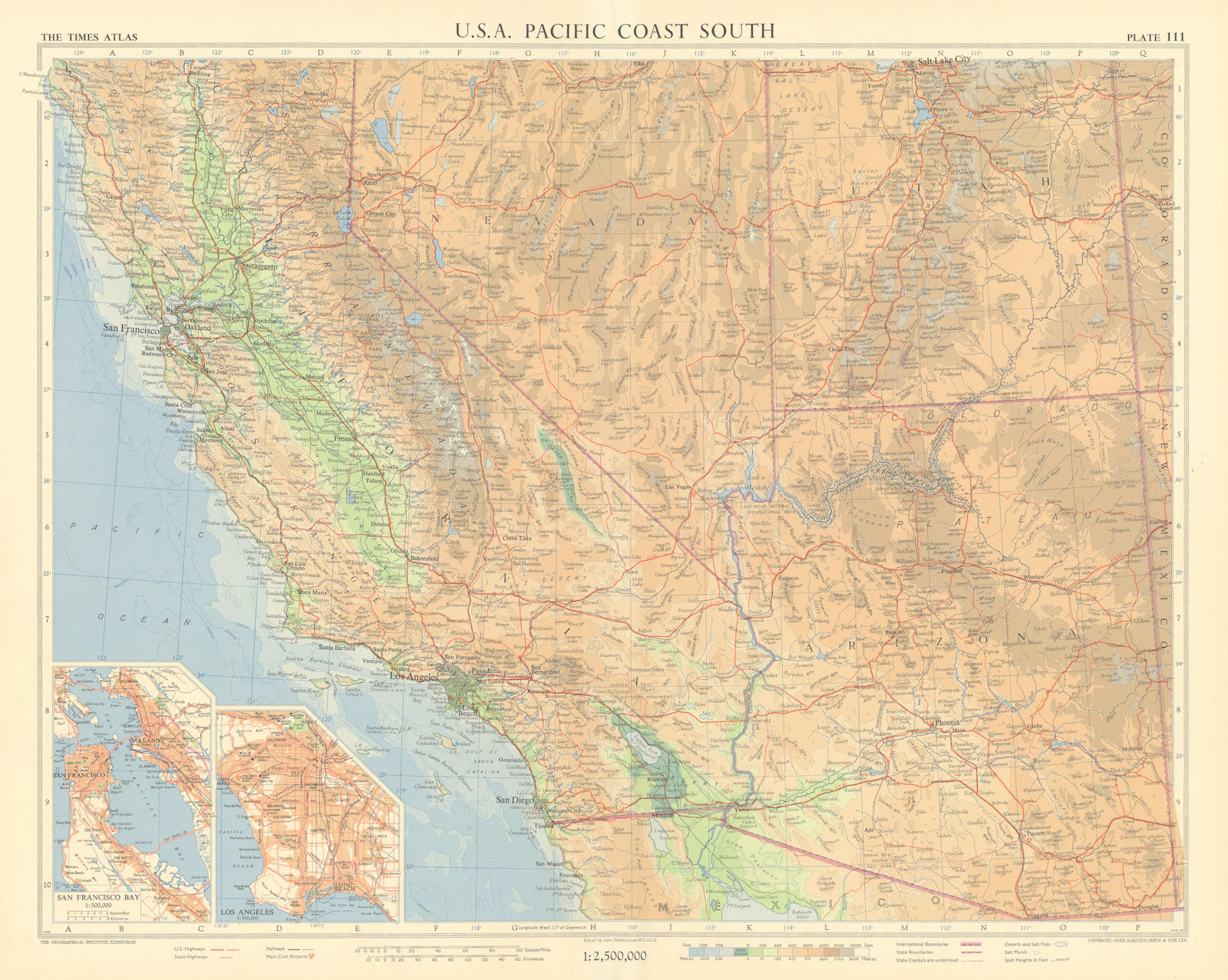 USA Pacific southwest. California Arizona Nevada Utah. TIMES 1957 old map