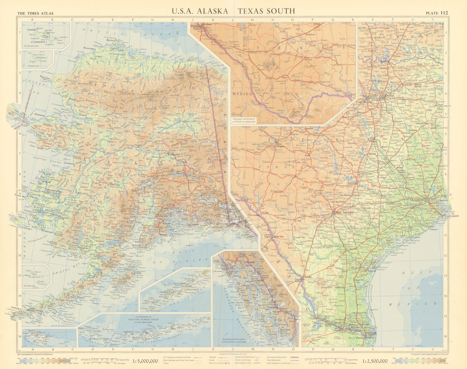 Alaska & Southern Texas. TIMES 1957 old vintage map plan chart
