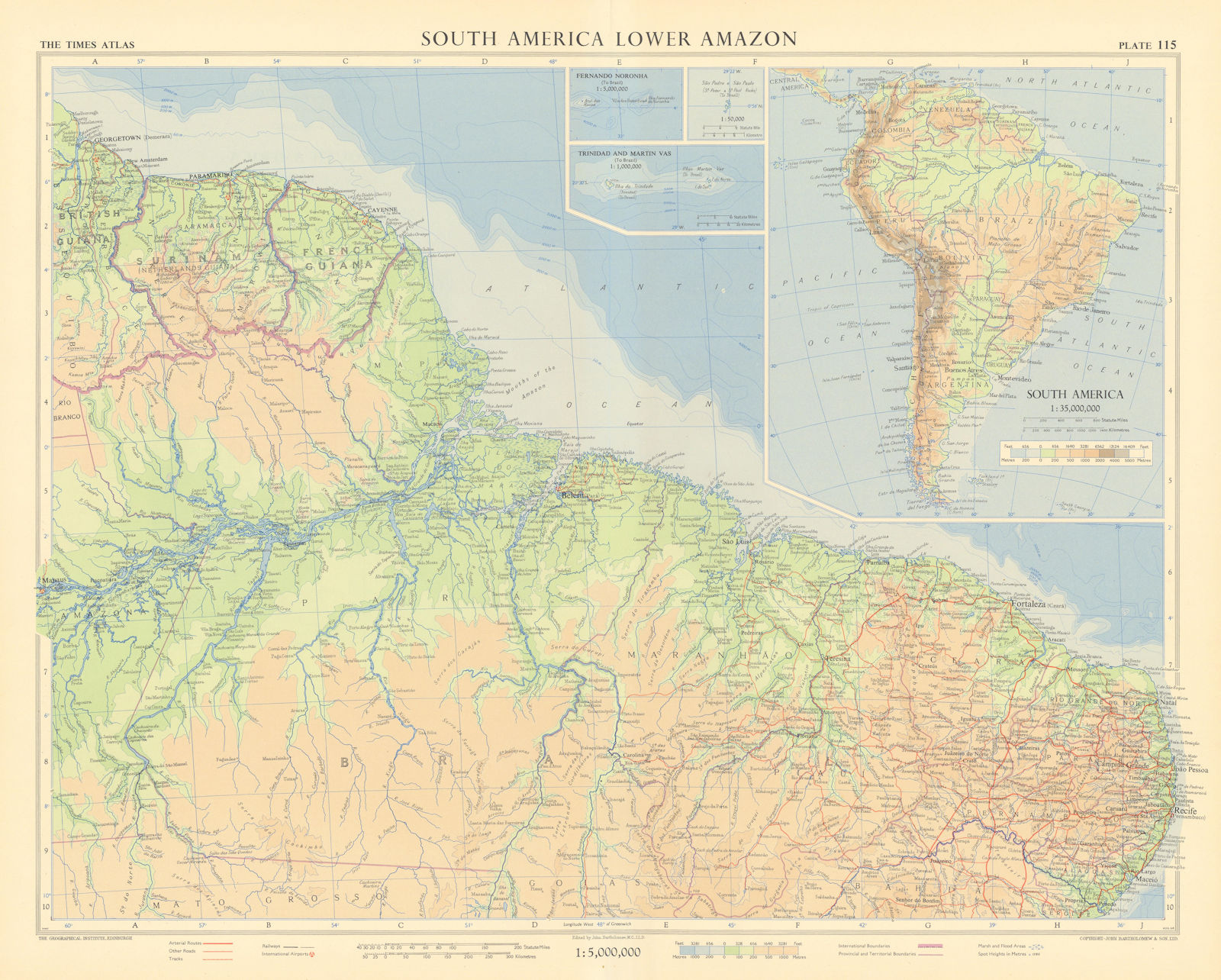 Northern Brazil. Lower Amazon. French Guiana & Surinam. TIMES 1957 old map