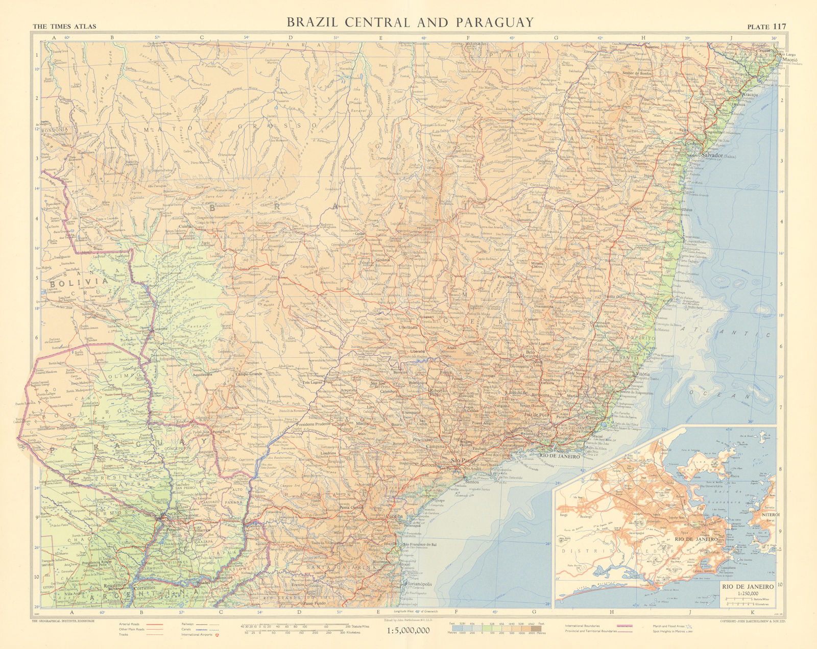 Brazil central & Paraguay. Rio de Janeiro environs. TIMES 1957 old vintage map