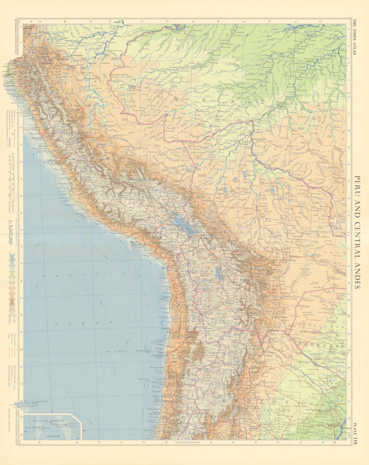 Associate Product Peru & central Andes. Bolivia Chile Amazonai. Andean States. TIMES 1957 map