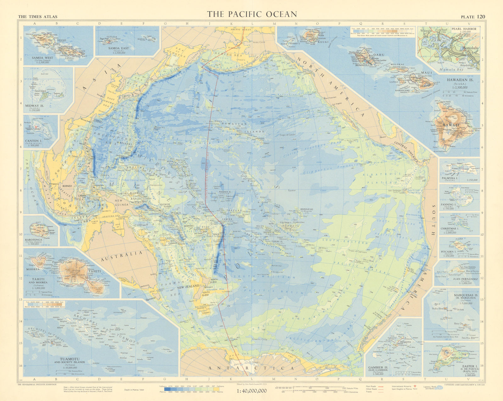 Pacific Ocean & islands. Hawaii Polynesia Tahiti. TIMES 1957 old vintage map