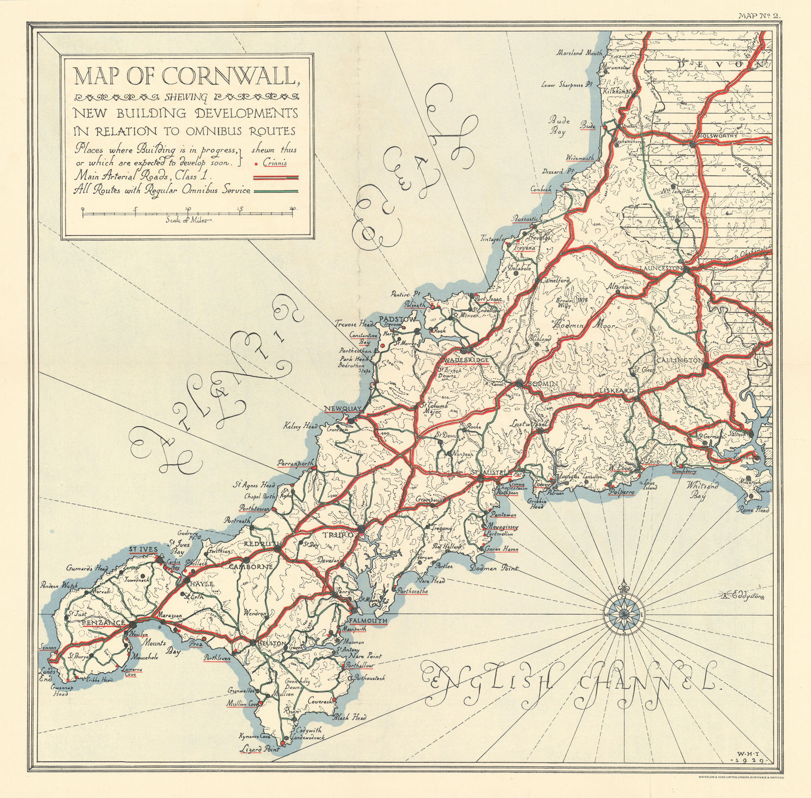 CORNWALL. New building developments & bus routes. HARDING THOMPSON 1930 map