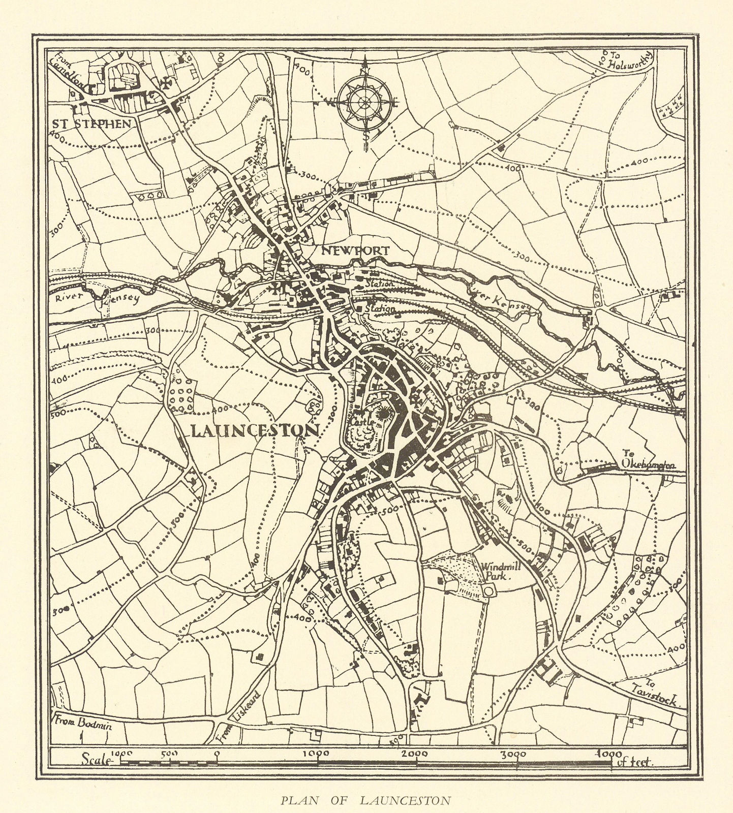 Town plan of LAUNCESTON Cornwall by William Harding Thompson 1930 old map