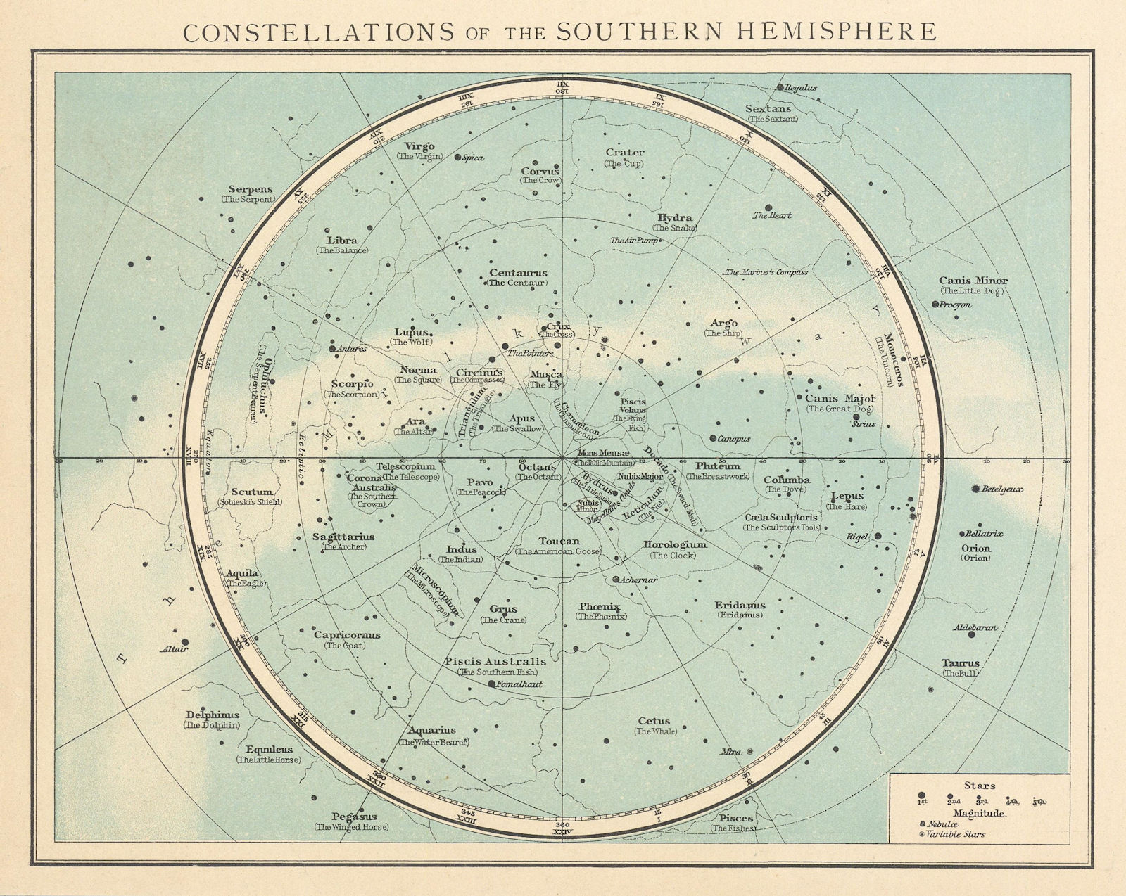 Southern Hemisphere constellations. Night sky. Star chart. THE TIMES 1895 map
