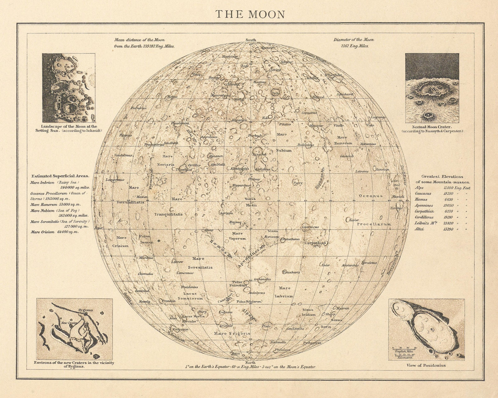 The Moon. Lunar landscape. Astronomy. THE TIMES 1895 old antique map chart