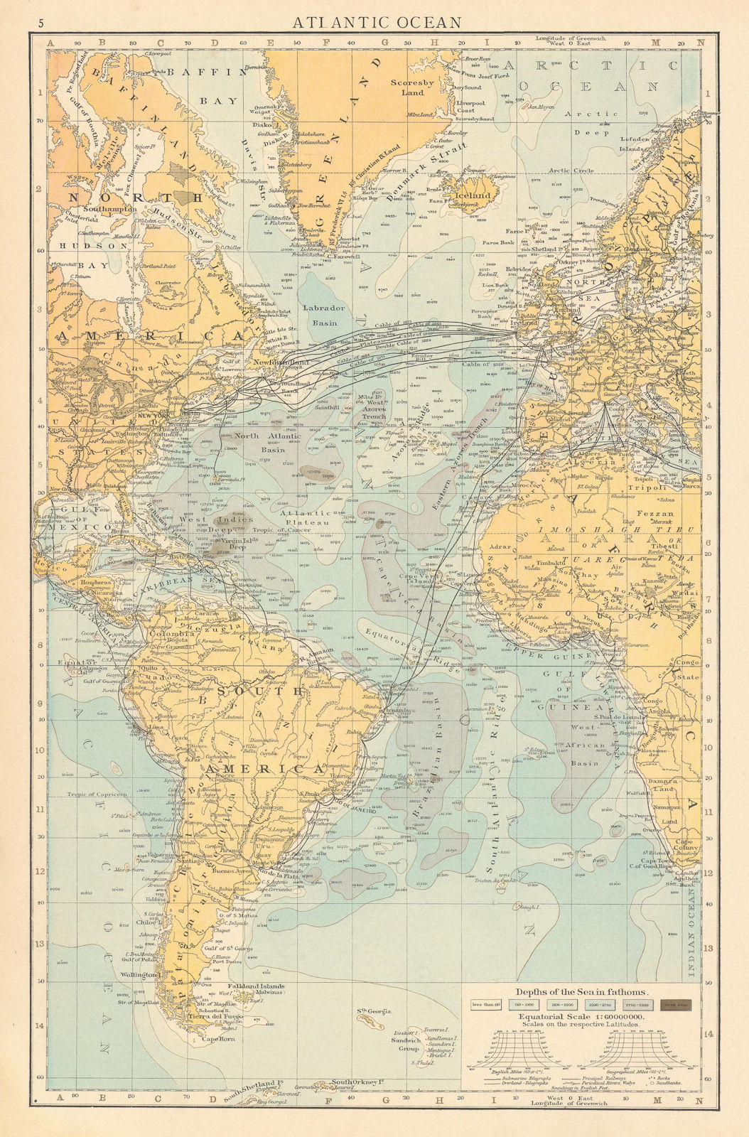 Atlantic Ocean showing depths & telegraph cables. THE TIMES 1895 old map