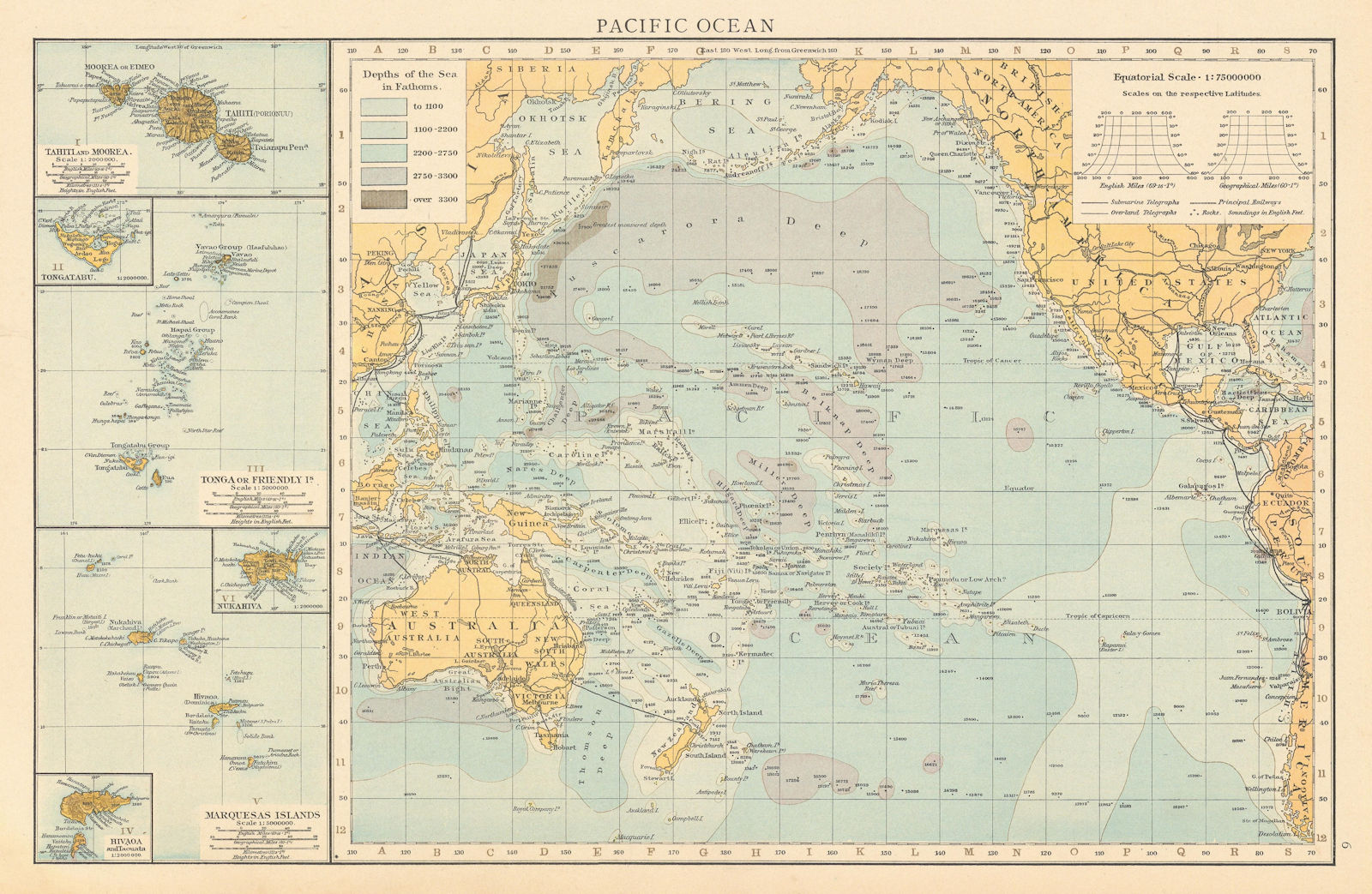 Associate Product Pacific Ocean depths & telegraph cables. Marquesas Tahiti Tonga. TIMES 1895 map