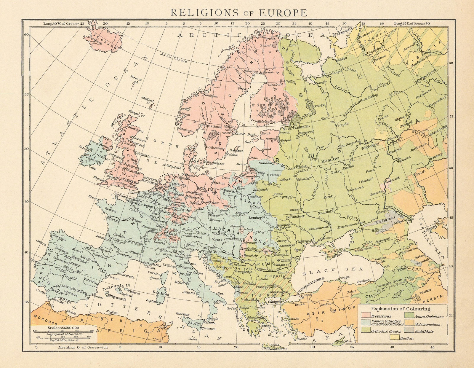 Religions of Europe. Protestant Catholic Orthodox Islam Buddhist. TIMES 1895 map