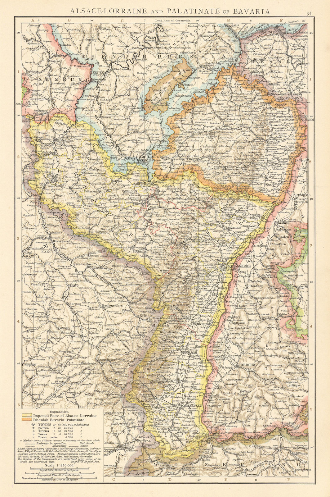 Rhine valley. Alsace-Lorraine & Palatinate of Bavaria. Rhineland. TIMES 1895 map