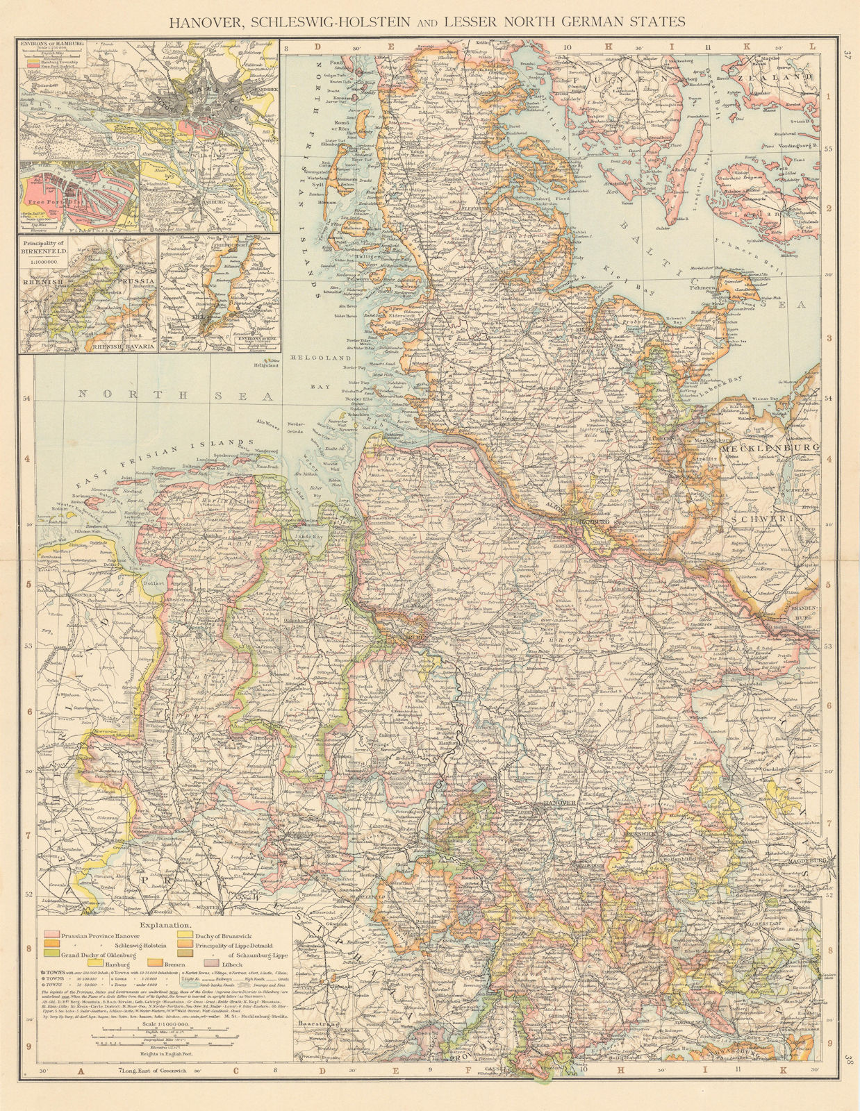 Northern Germany. Schleswig-Holstein. Hamburg. Lower Saxony. THE TIMES 1895 map