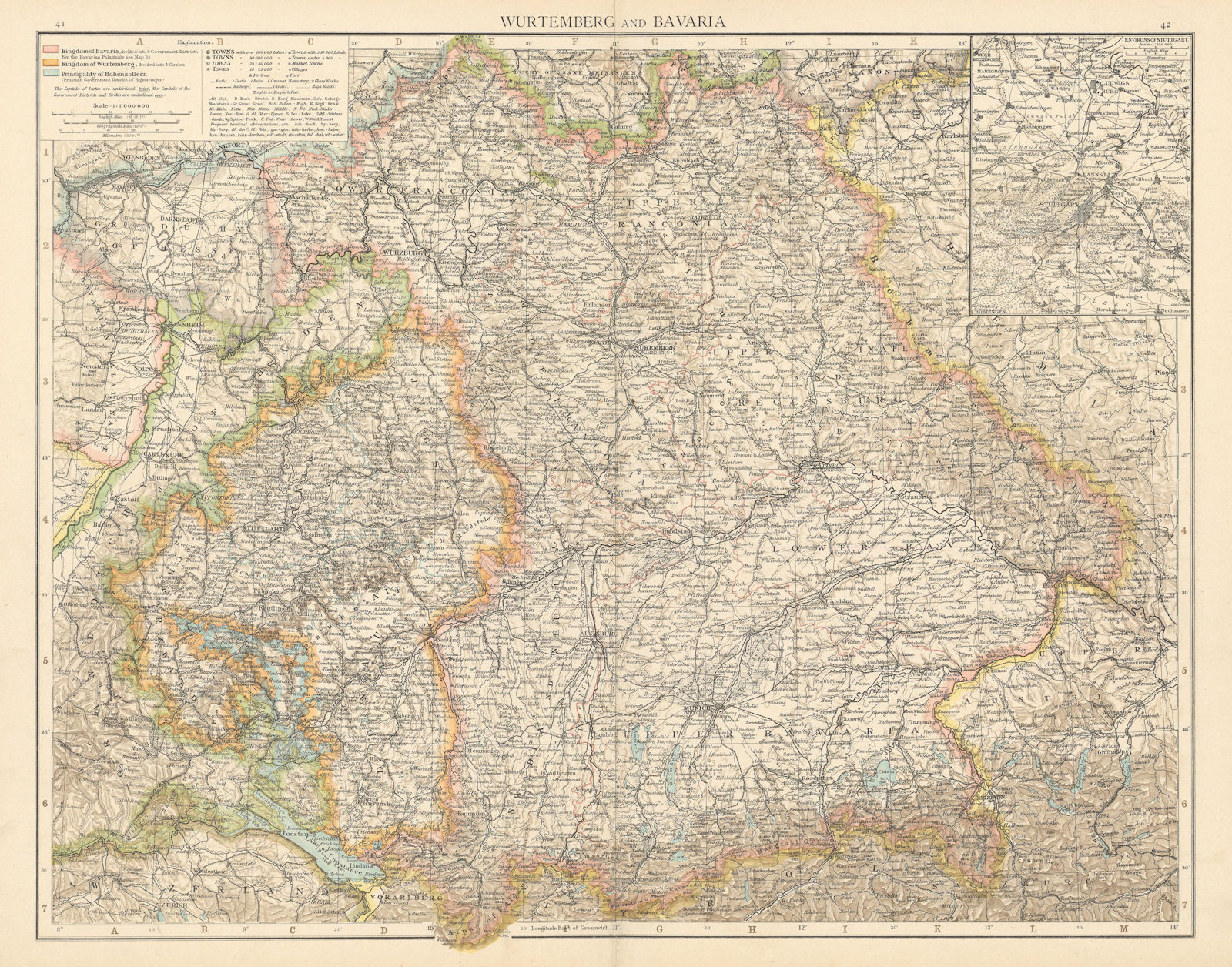 Wurtemberg & Bavaria. Principality of Hohenzollern. THE TIMES 1895 old map