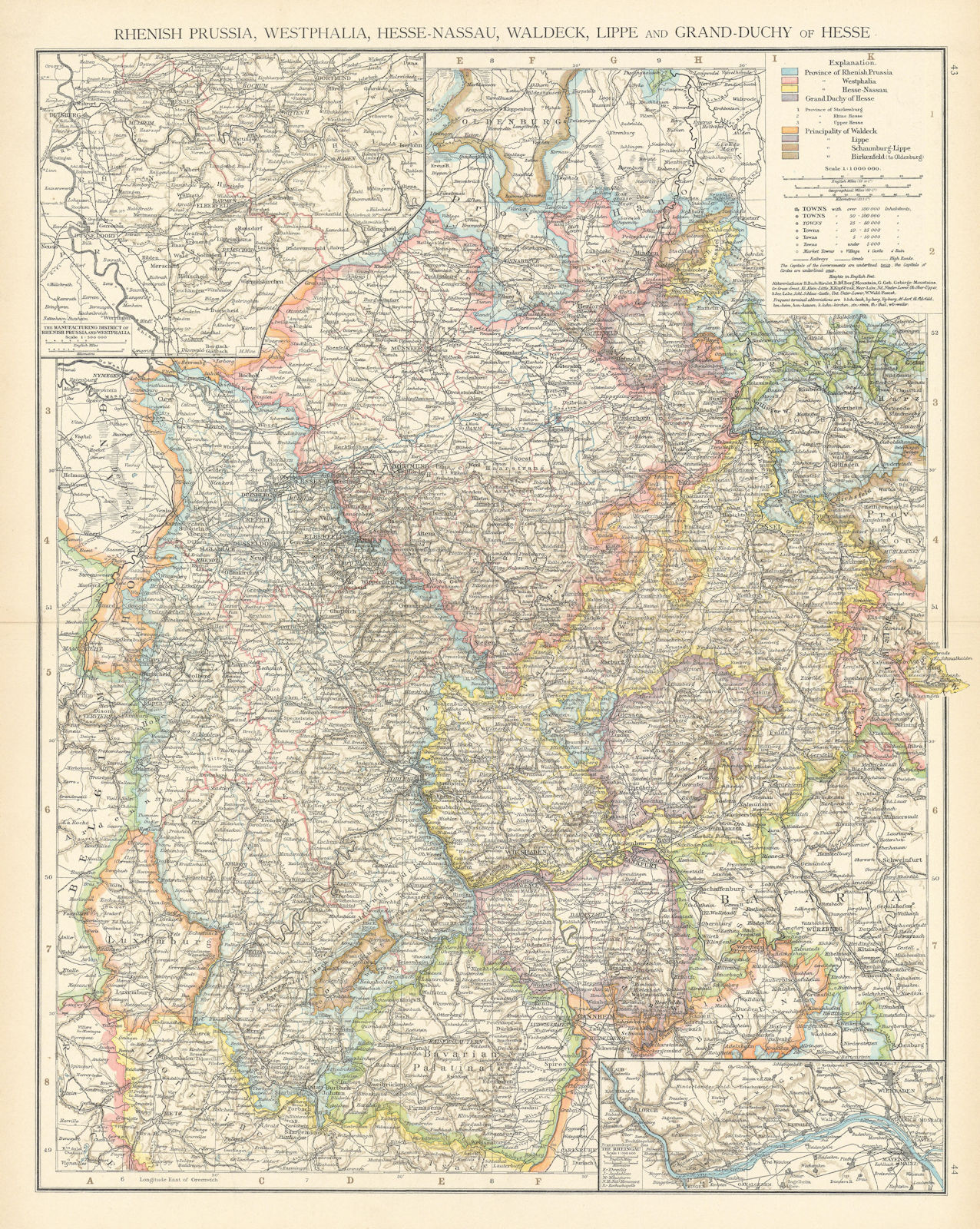 Western Germany. Hessen Rhineland Palatinate Nordrhein Westfalen. TIMES 1895 map