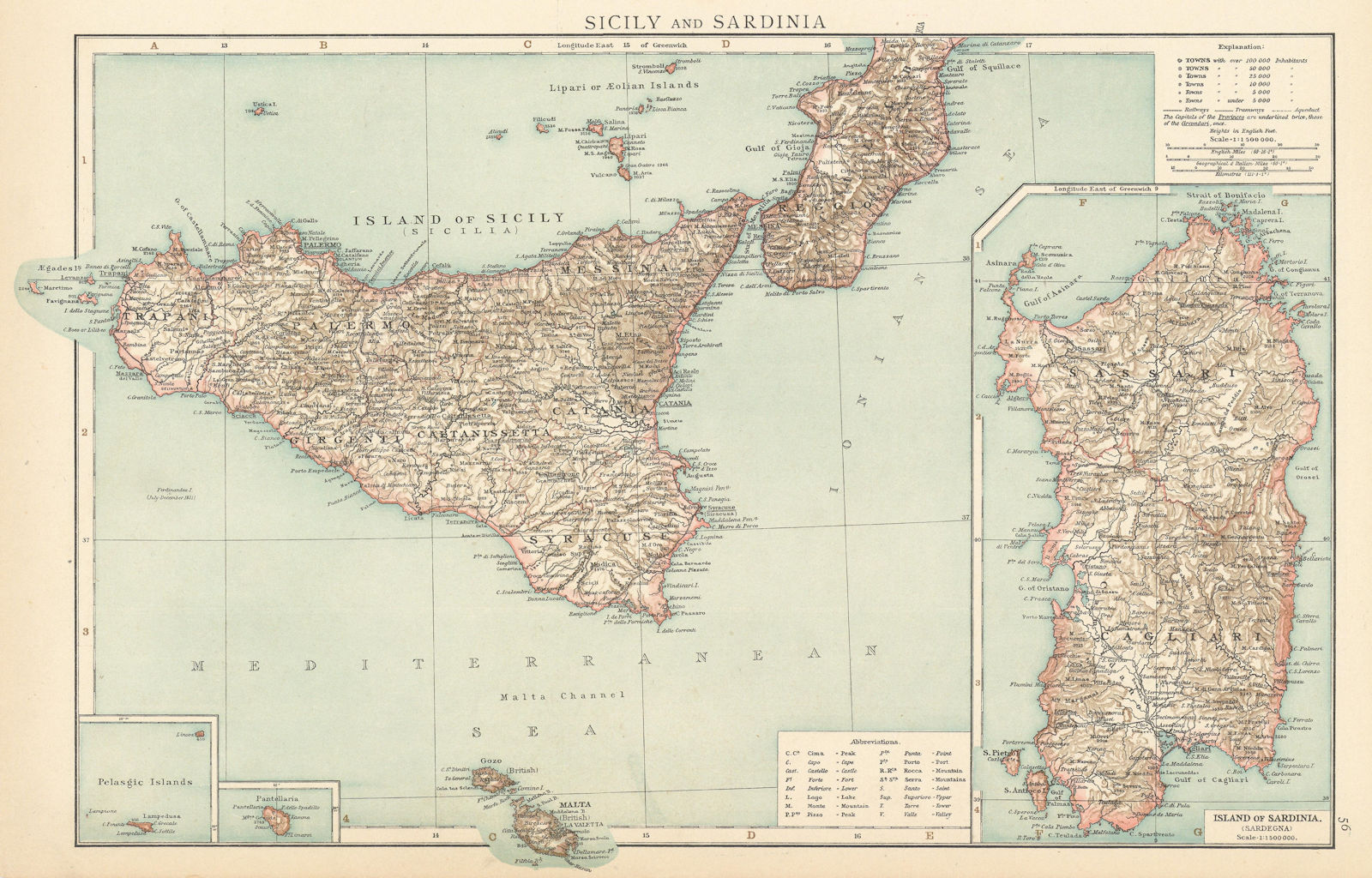 Sicily and Sardinia. Italian islands. THE TIMES 1895 old antique map chart