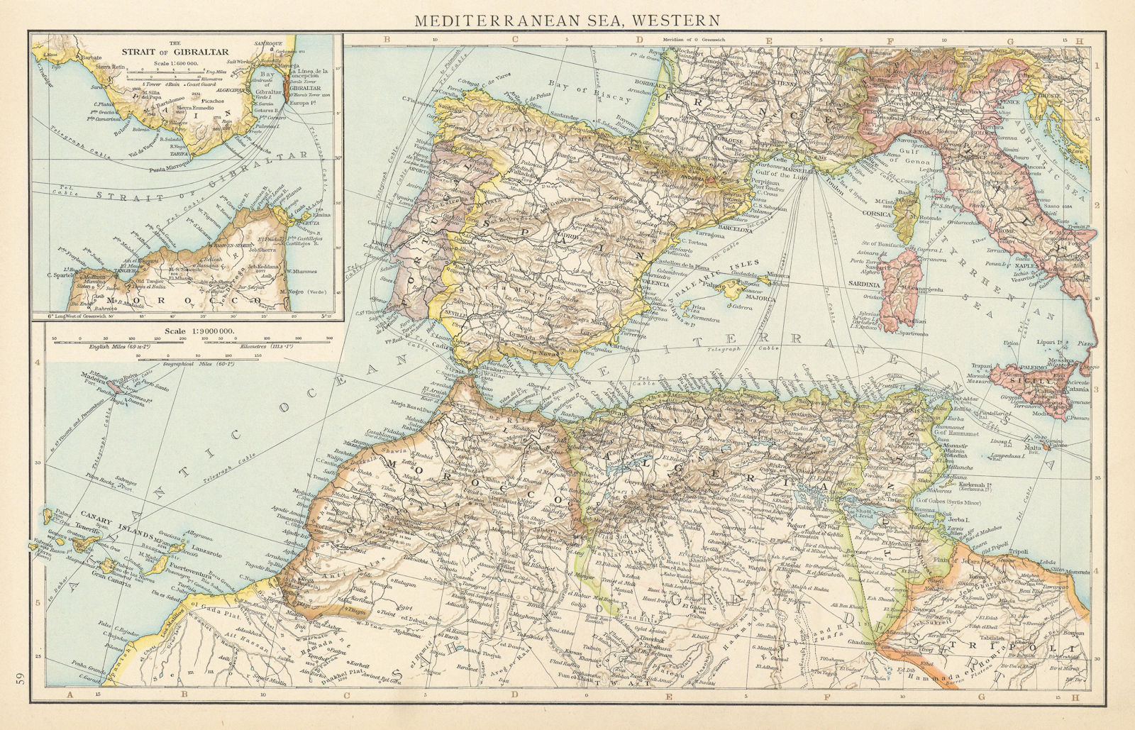 Western Mediterranean sea. Strait of Gibraltar. Telegraph cables. TIMES 1895 map