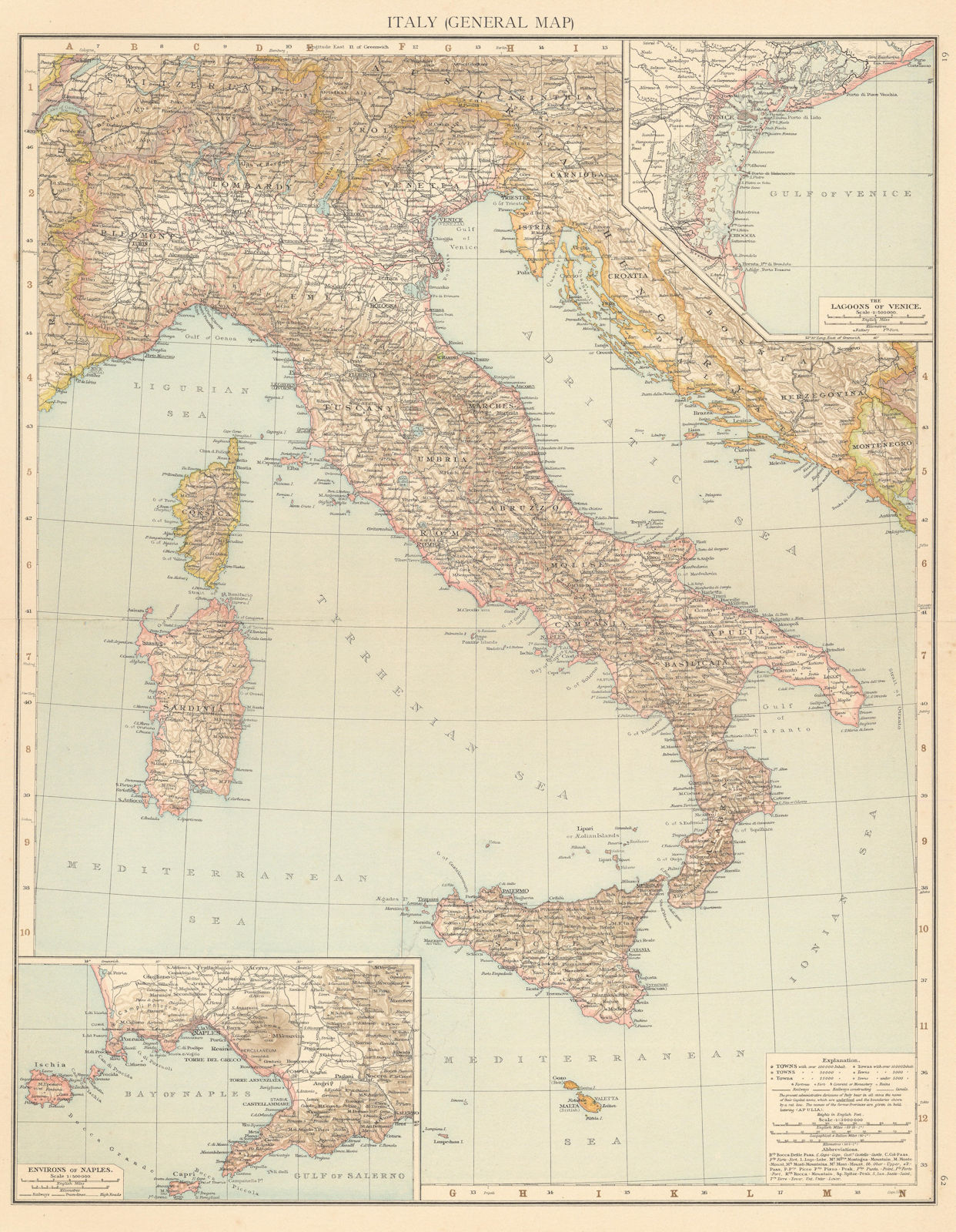 Associate Product Italy (general map). Lagoons of Venice. Environs of Naples. THE TIMES 1895