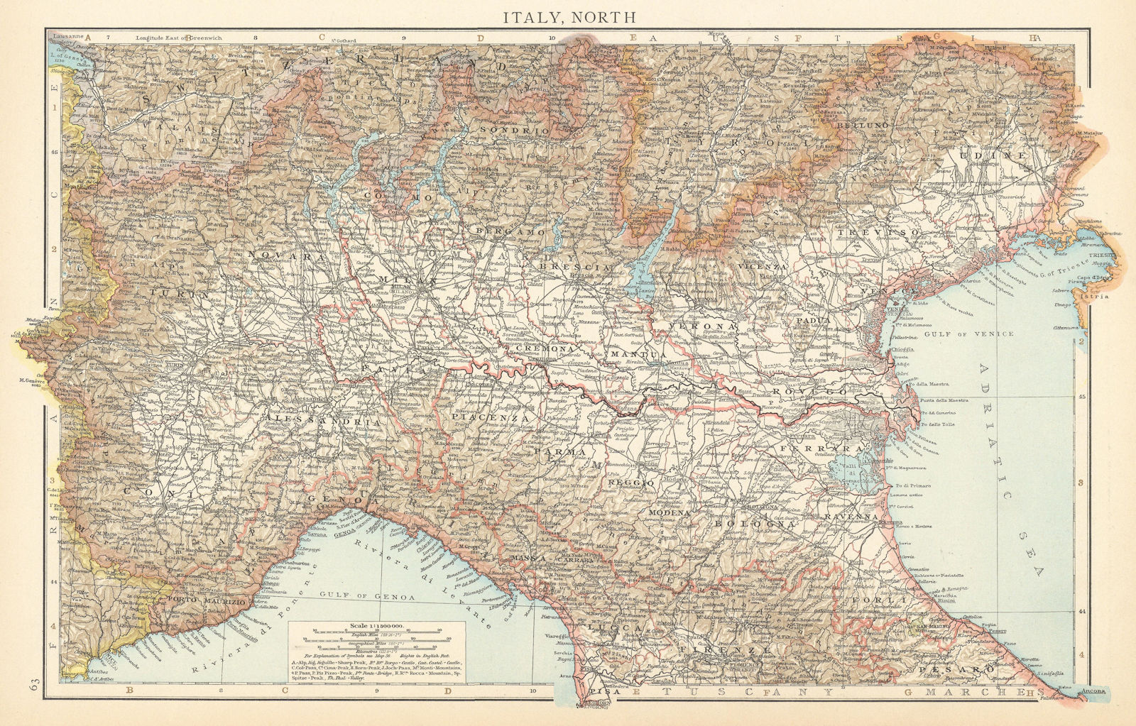 Northern Italy. Po valley. THE TIMES 1895 old antique vintage map plan chart