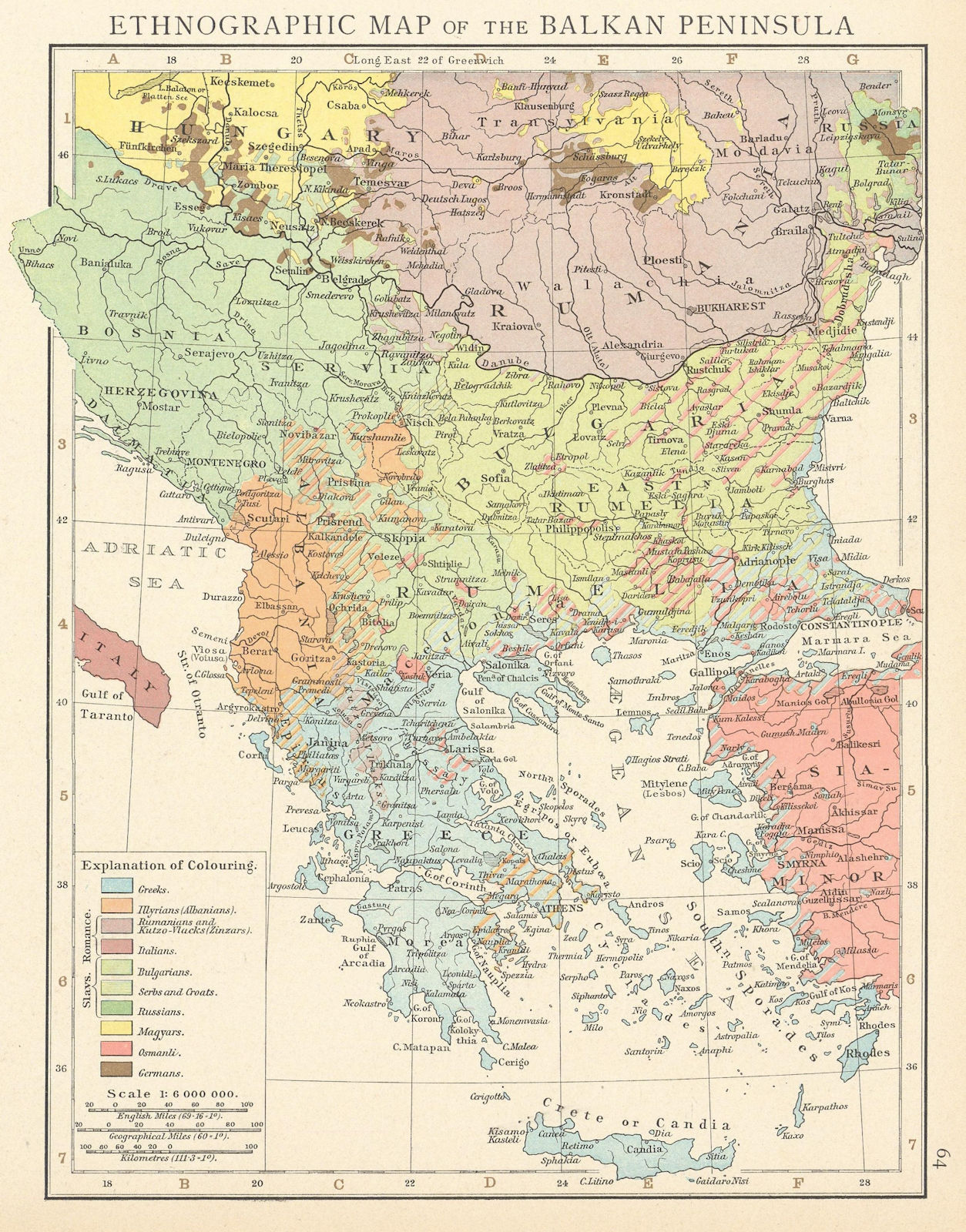 Balkan Peninsula ethnographic map. Greeks Bulgarians Serbs Croats TIMES 1895