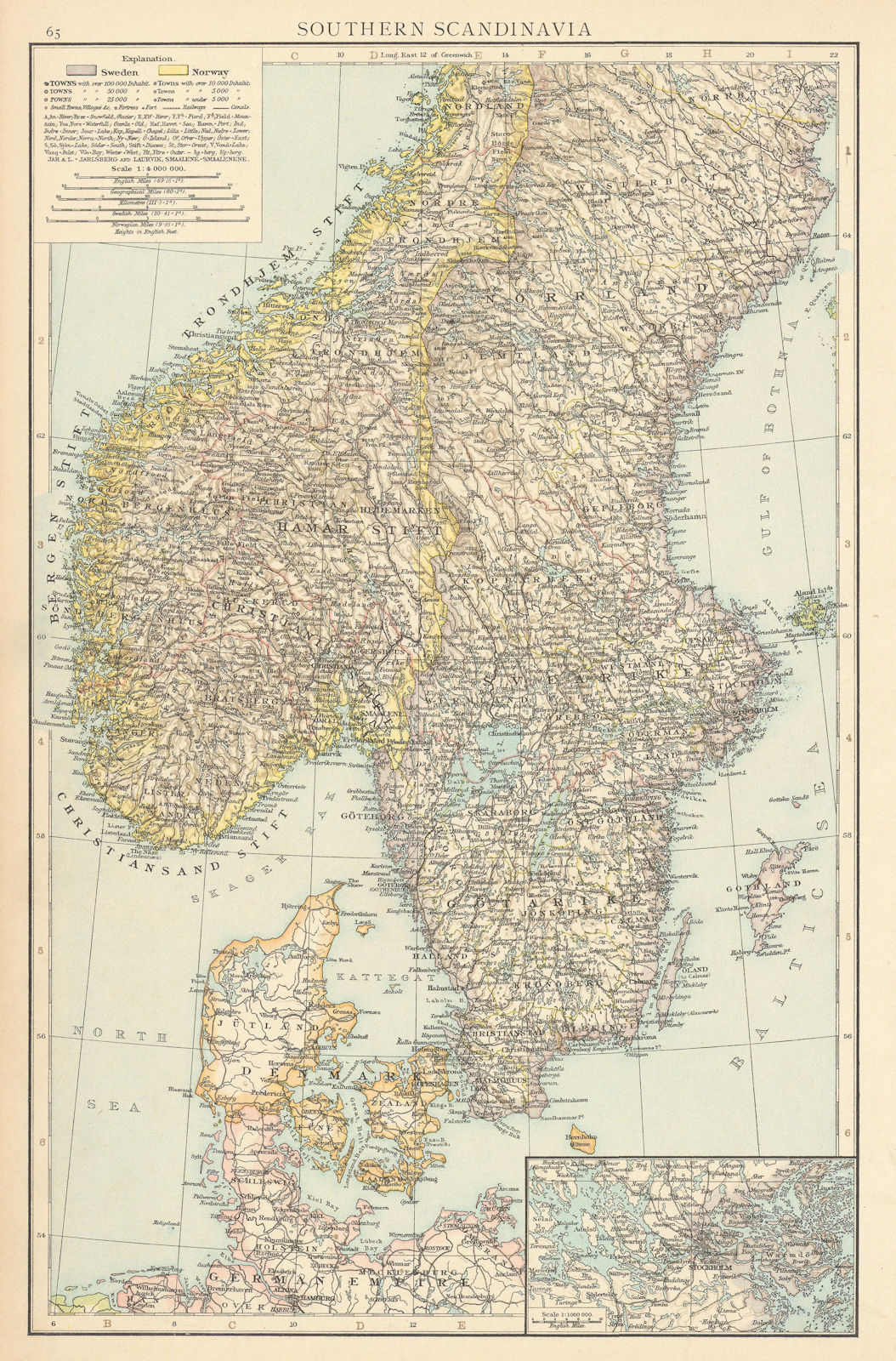 Southern Scandinavia. Norway Sweden Denmark. Stockholm environs. TIMES 1895 map