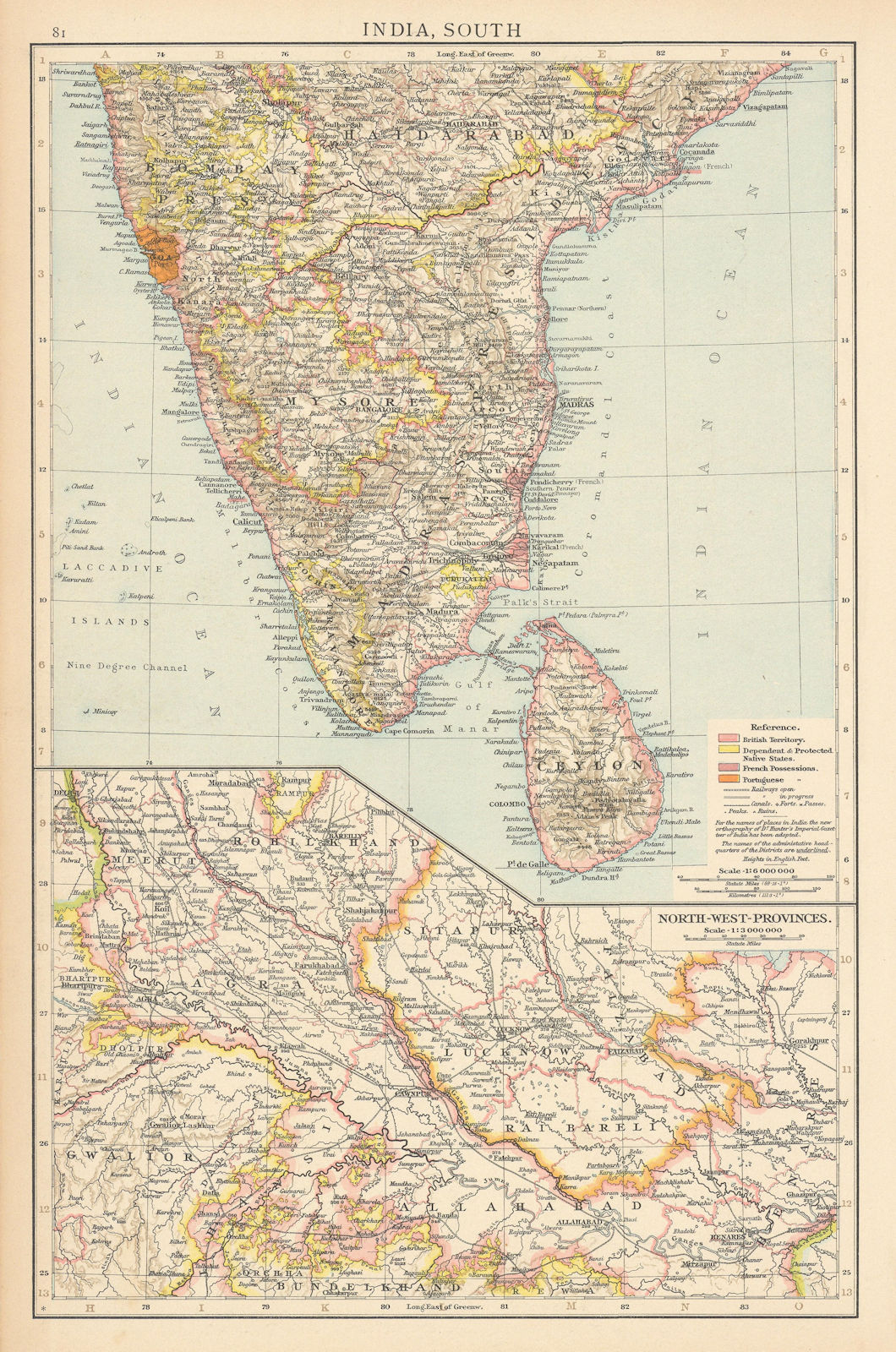 India South & North-west Provinces. Goa British French Portuguese TIMES 1895 map