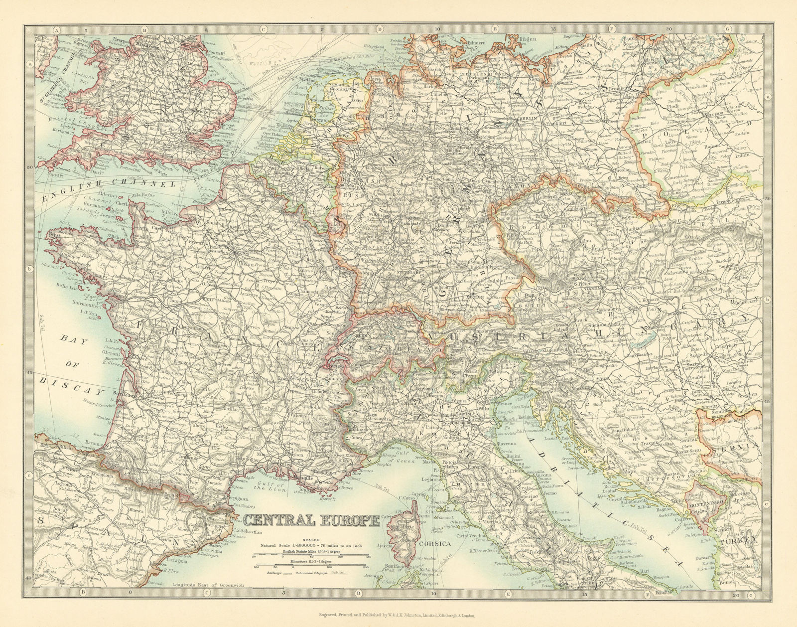CENTRAL EUROPE. France w/o Alsace Lorraine. Austria-Hungary . JOHNSTON 1911 map
