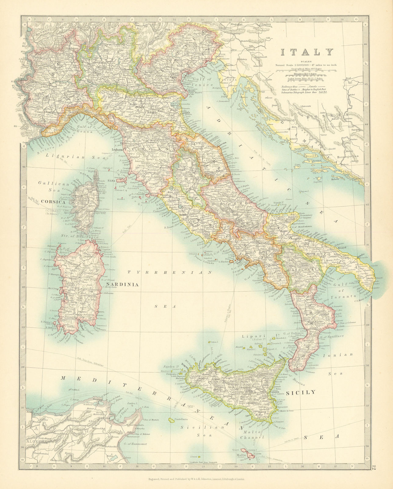 ITALY. Railways. Key battlefields & dates. JOHNSTON 1911 old antique map chart
