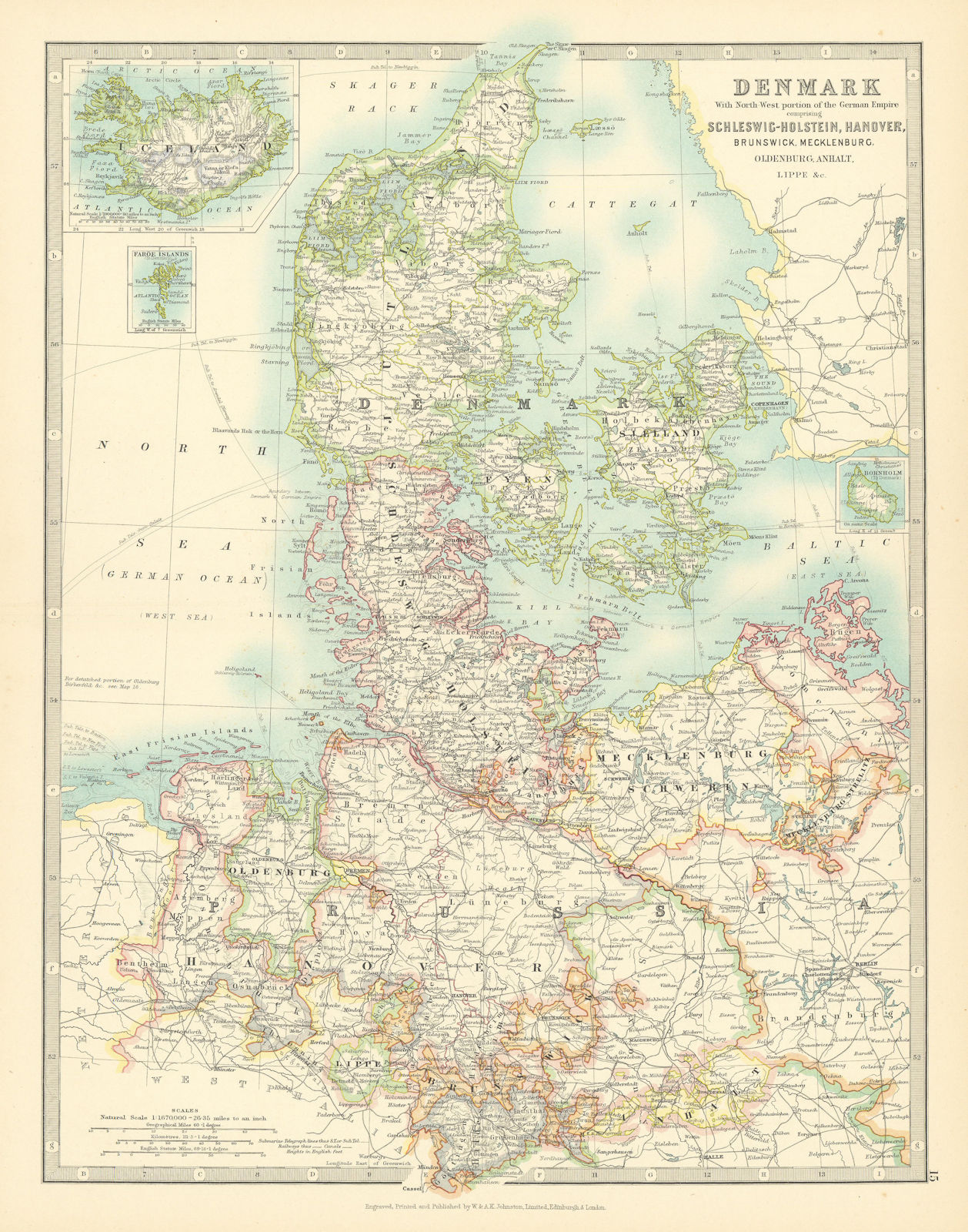 DENMARK & NORTHERN GERMANY. Schleswig-Holstein Hanover. JOHNSTON 1911 old map