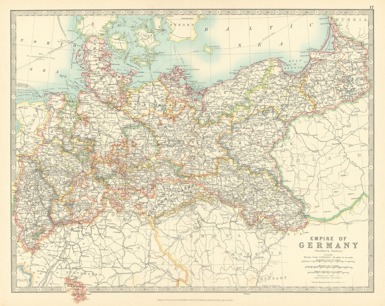GERMAN EMPIRE NORTH showing important battlefield & dates. JOHNSTON 1911 map