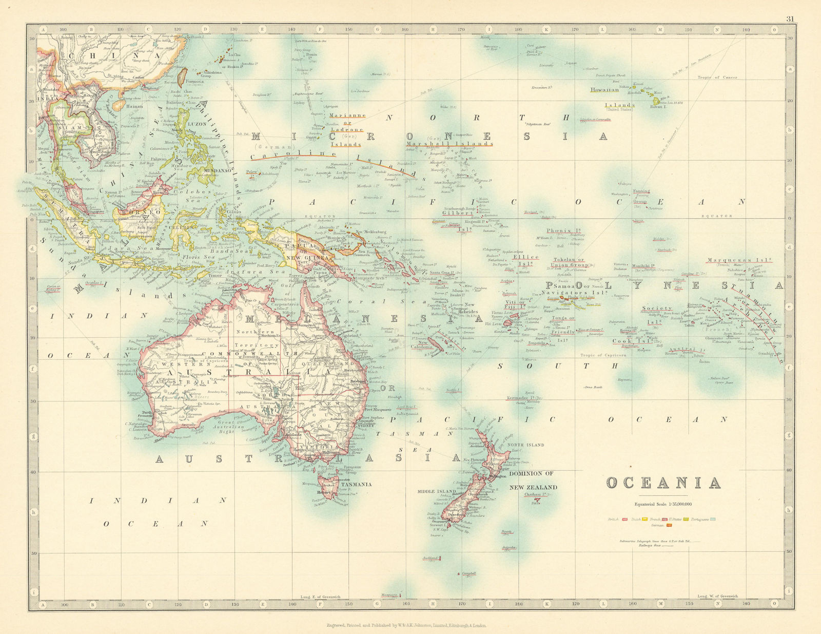 OCEANIA Australia New Zealand East Indies Polynesia Micronesia JOHNSTON 1911 map